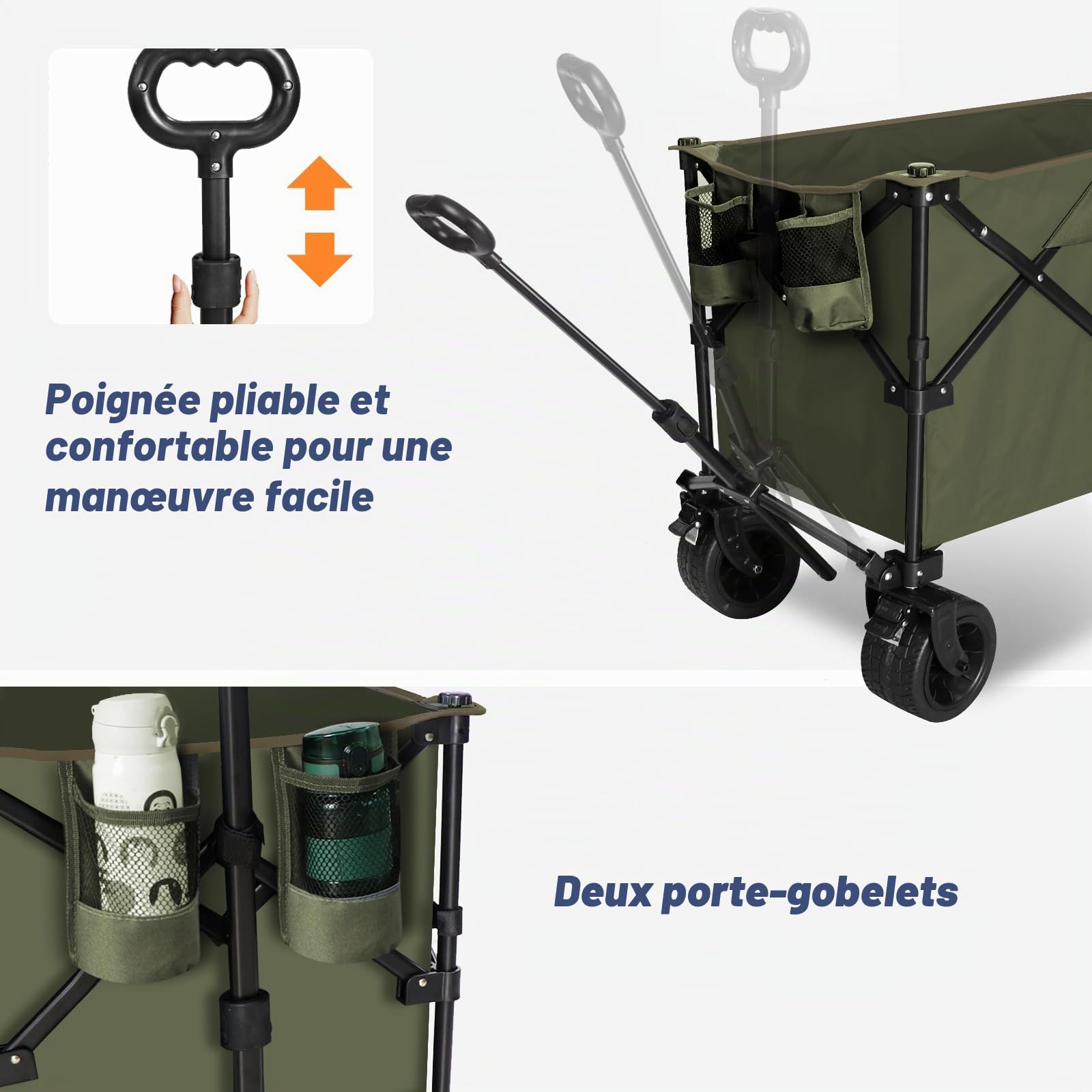 Chihee Chariot de Jardin Pliable Chariot Utilitaire,Chariot de Plage Pliant Capacité 220L,Très résistant Roues Tout Terrain Pochette surdimensionnée 1 Bureau pliable2 Porte-Boissons