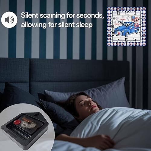 Miniatura 7 de Happy 4th of July Wooden Wall Clock Silent Non Ticking, Blue Truck American Flag on Wood Square Wall Clock Battery Operated, Decor Clock for Home