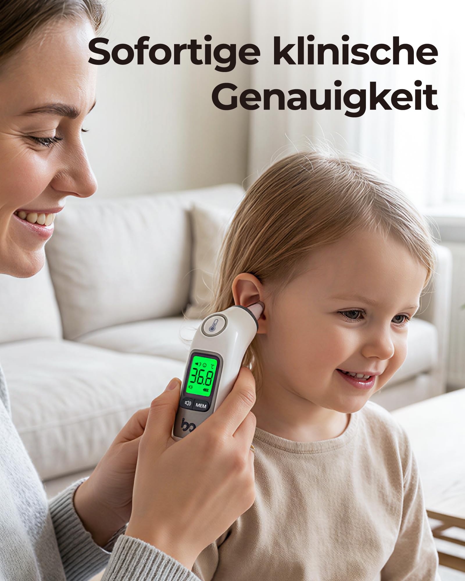 Fieberthermometer Ohr für Erwachsene & Kinder, 1s Ergebnis Hochpräzise Ohrthermometer, 30 Speicher Abrufen, 3-Farben-Fieber-Alarm, mit 21 Einweg-Sonde Abdeckungen & Aufbewahrungsbox