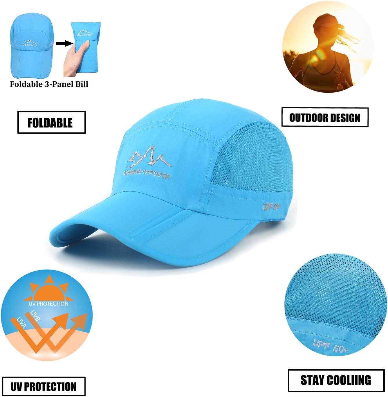 Unisex Sun Hat Baseball Cap Quick Dry Collapsible Portable Cap Outdoor Sport Running Fishing Visor Light Blue