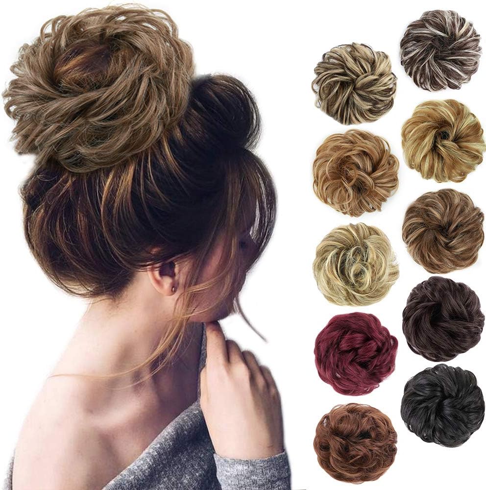 MORICA1PCS Messy Hair Bun Hair Scrunchies Extension Curly Wavy Messy Synthetic Chignon for Women (12/24#(Light Golden Brown & Pale Golden Blonde Mixed))