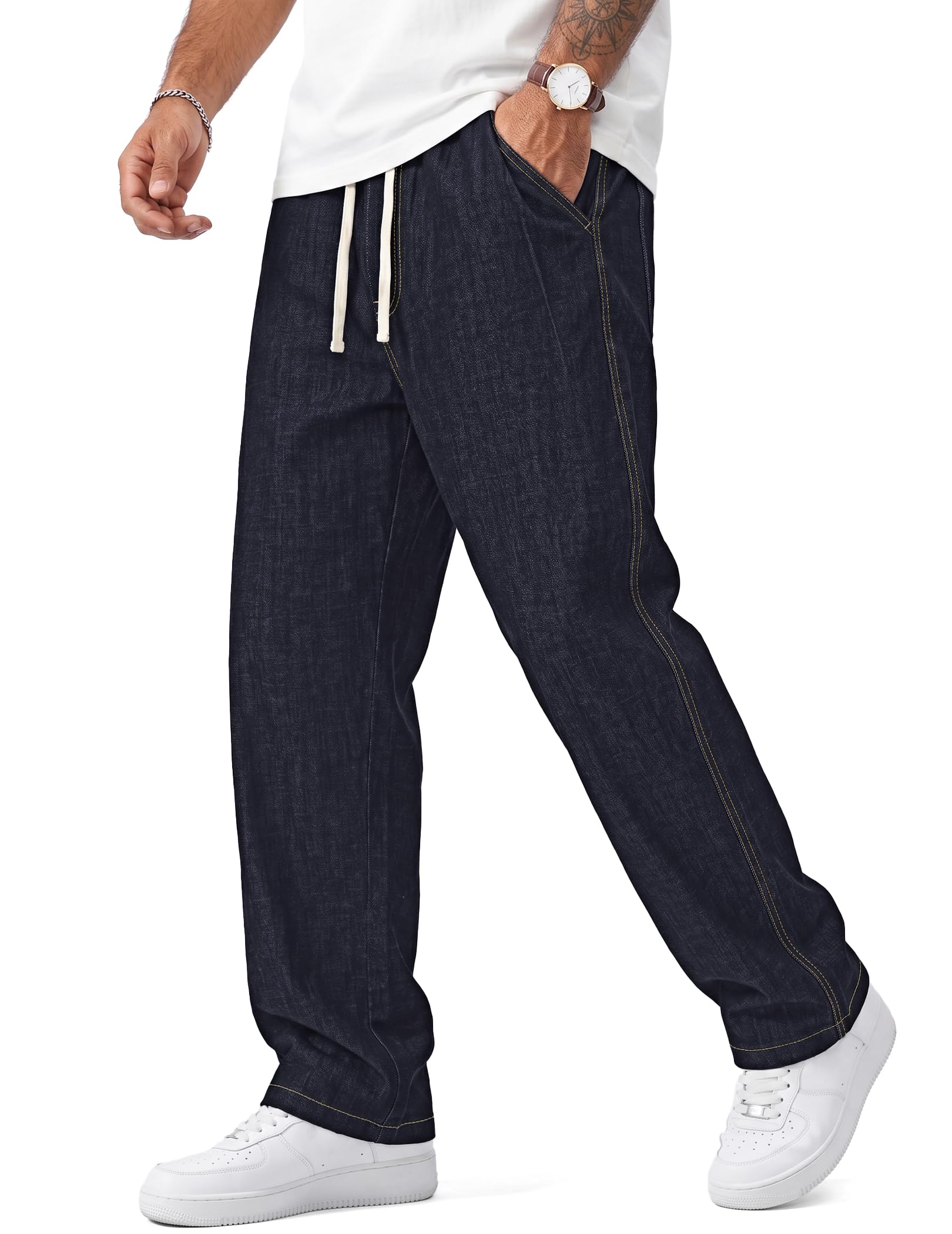 TARAINYA Hosen Herren Baumwolle Freizei Baggy S-4XL | Elastikbund mit Kordelzug, Lockerer Schnitt, Falten, 4 Funktionelle Taschen, Lässiger Denim-Style