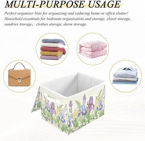 Miniatura 6 de Purple Blue Iris Flower Storage Bins Box with Lids Collapsible Fabric Storage Basket Lidded Cube Storage Containers for Organizing Shelves Closet