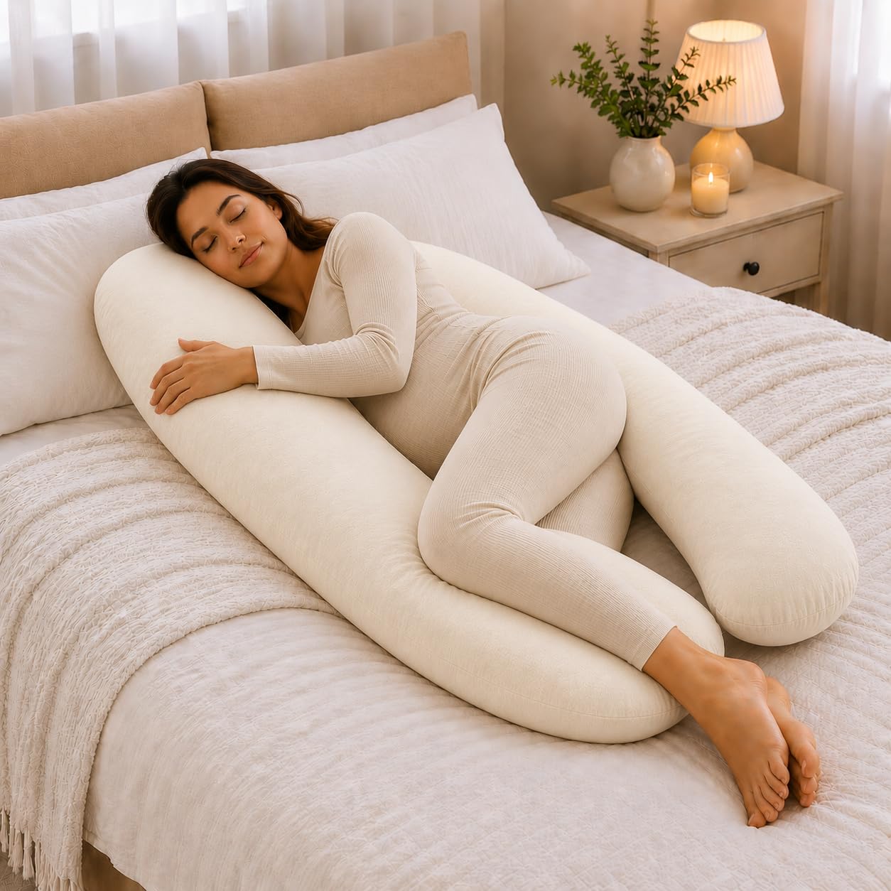 For Your Little One Maternity Pillow, Soft Breathable Fabric, Pregnancy Sleep Support Hollow Fibre Fill - (Cream, 12ft (366cm))