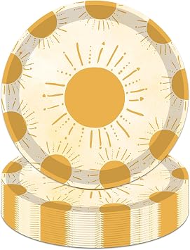 30PCS Boho Sun Plates First Trip Around the Sun Birthday Decorations 9 Inch Bohemian Hippie Sunshine Party Supplies Paper Food Trays Baby Shower Decorations