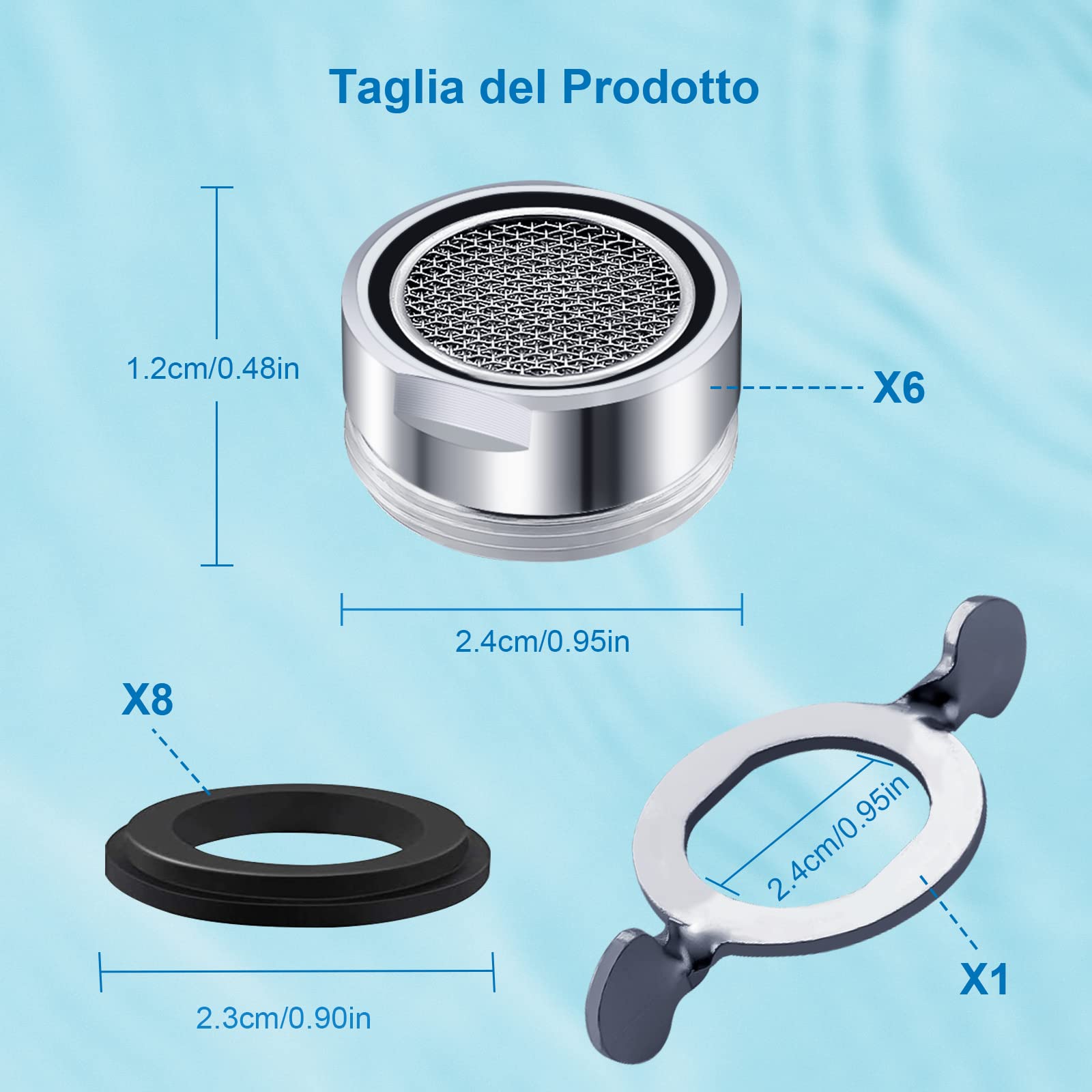 Aeratore Rubinetto M24 Rompigetto Rubinetto Filtri Rubinetti Lavandino per Bagno e Cucina, Filtro in Acciaio Inox + ABS con 8 Guarnizioni e 1 Chiave Cromata, Antispruzzo, Risparmio Idrico, 6pcs