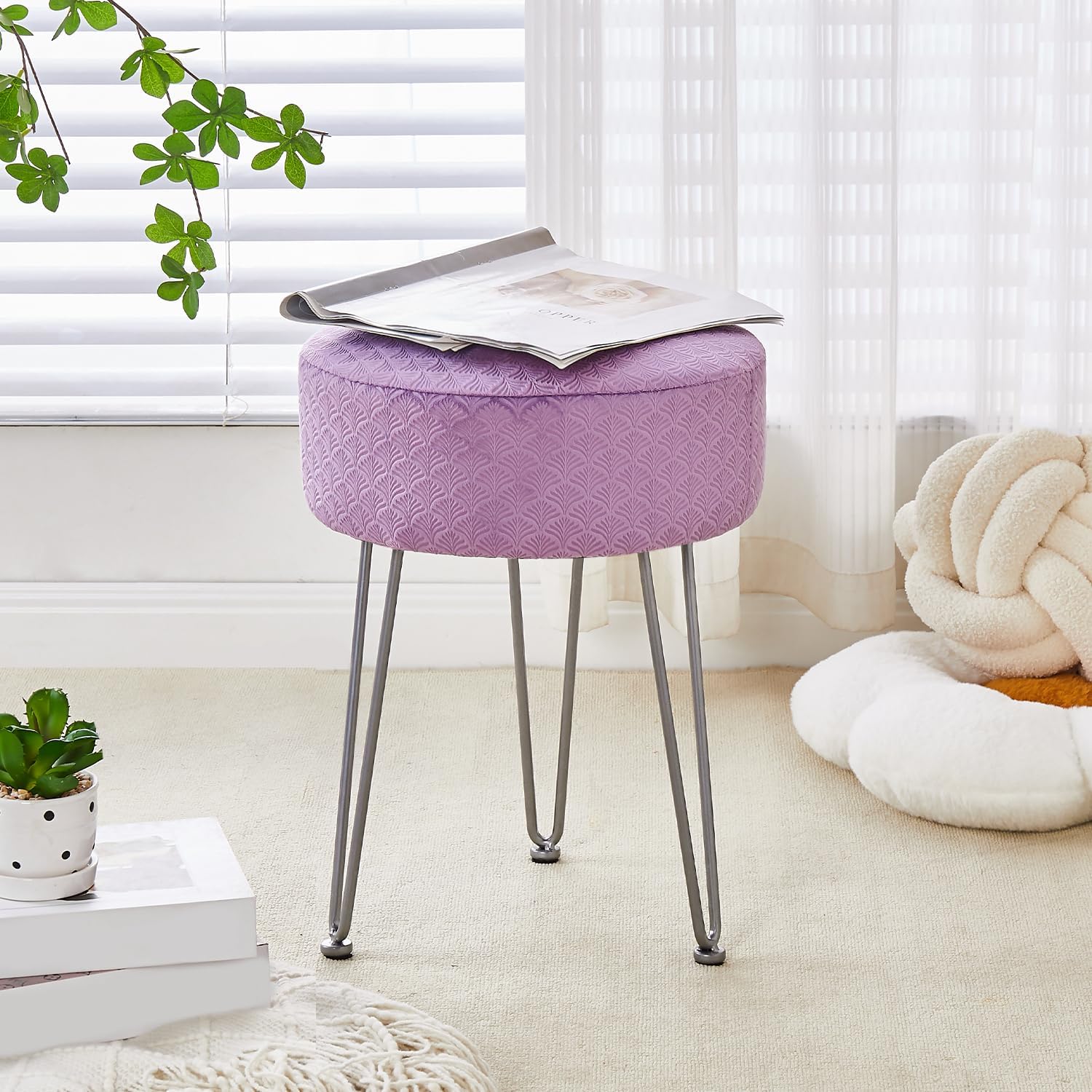 Cpintltr Vanity Stool - Velvet Ottoman Bench, Round Modern Dressing Stool, Small Side Table Footstool with Metal Leg, Purple