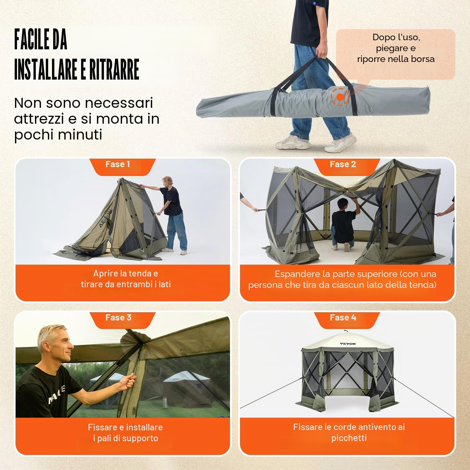 VEVOR Gazebo Pop-Up, Tenda con Schermo Pop-Up, Baldacchino su 6 Lati, Riparo da Sole 6 Panni Antivento Rimovibili Finestre in Rete, con Zanzariera Schermo a Montaggio Rapido 3,05 x 3,05 m Verde