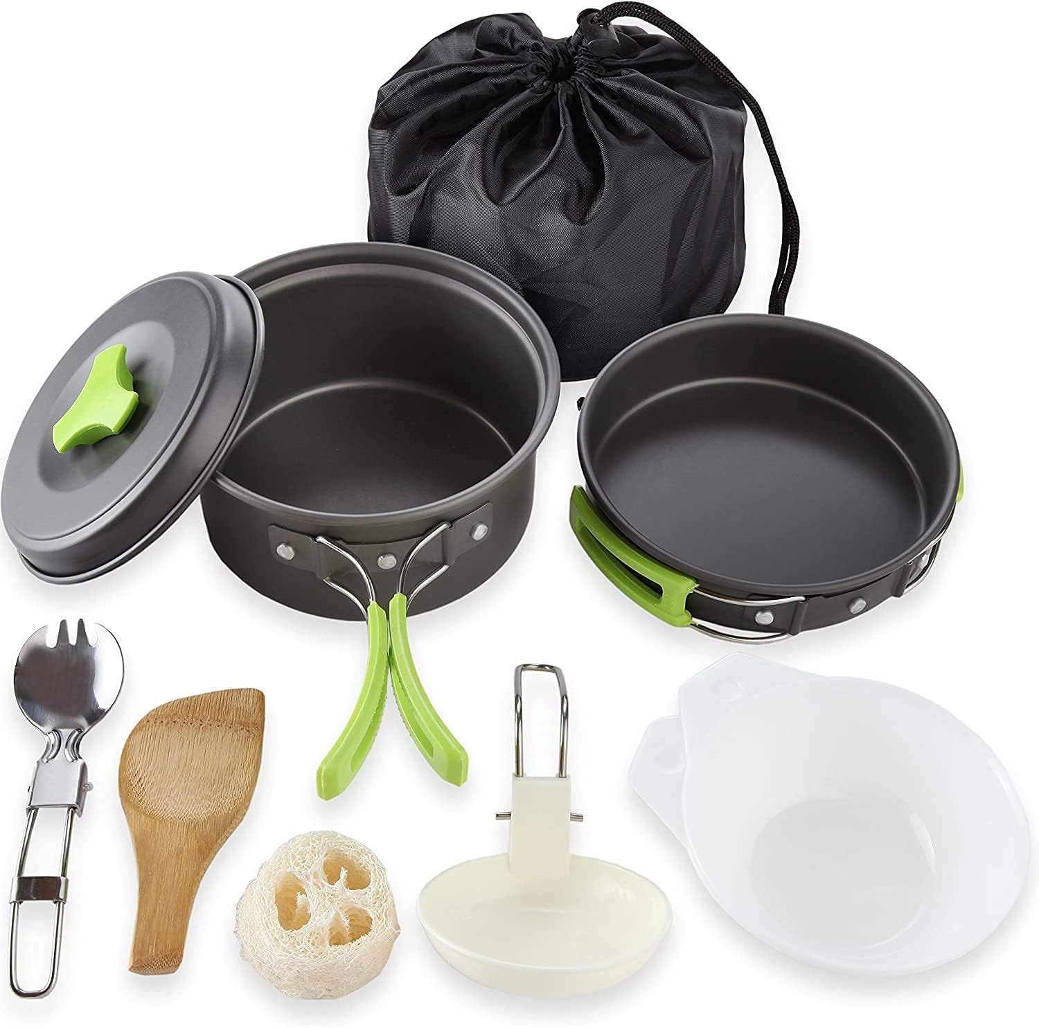 Camping kichen Accessories for Outdoor Mess Kit,Cooking Equipment 10 Piece Cookset | Lightweight, Compact, Durable Pot Pan Bowls with Free Folding Spork and Nylon Bag (for 1-2 Person) Orange