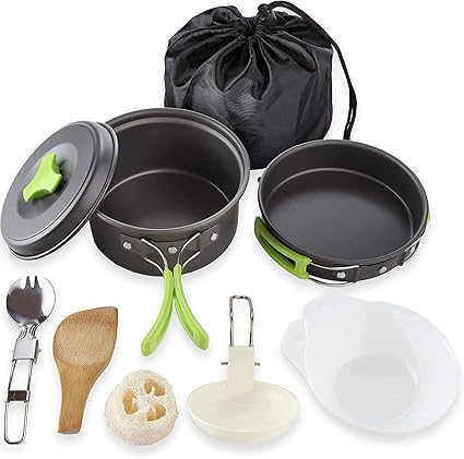 Cluemart Camping kichen Accessories for Outdoor Mess Kit,Cooking Equipment 10 Piece Cookset | Lightweight, Compact, Durable Pot Pan Bowls with Free Folding Spork and Nylon Bag (for 1-2 Person)
