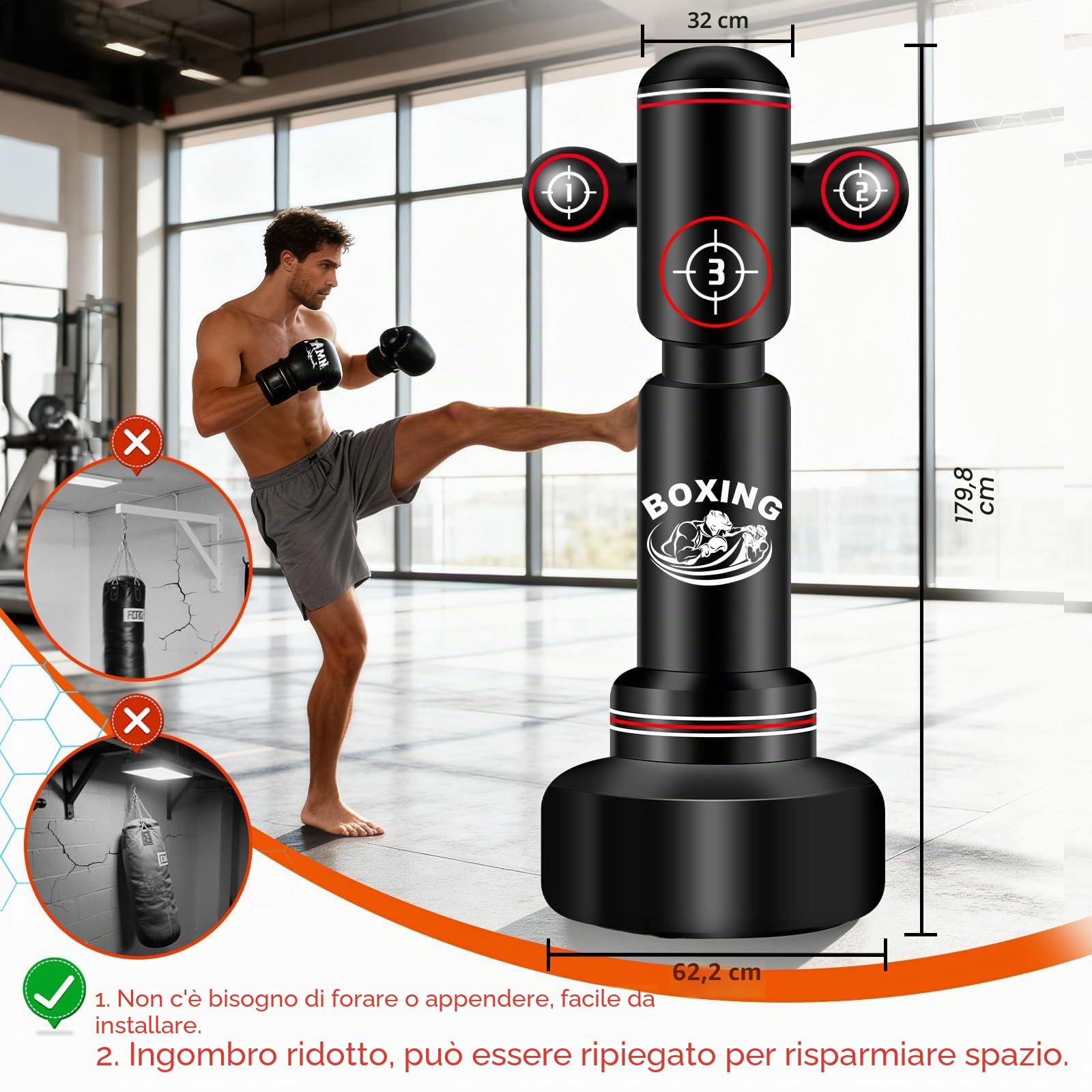 NZQXJXZ Sacco da Boxe da Terra per Adulti, 180cm Sacco da Boxe Autoportante con Guantoni da Boxe, Pompa, Corda per Saltare e Palla per Riflessi, Sacco da Box Gonfiabile per Pratica di Muay Thai MMA
