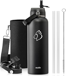 BUZIO 1180ml Insulated Water Bottle with Straw Lid and Flex Cap, 40oz Stainless Steel Drinking Bottle (Keep Cold 48 Hrs/Ho...
