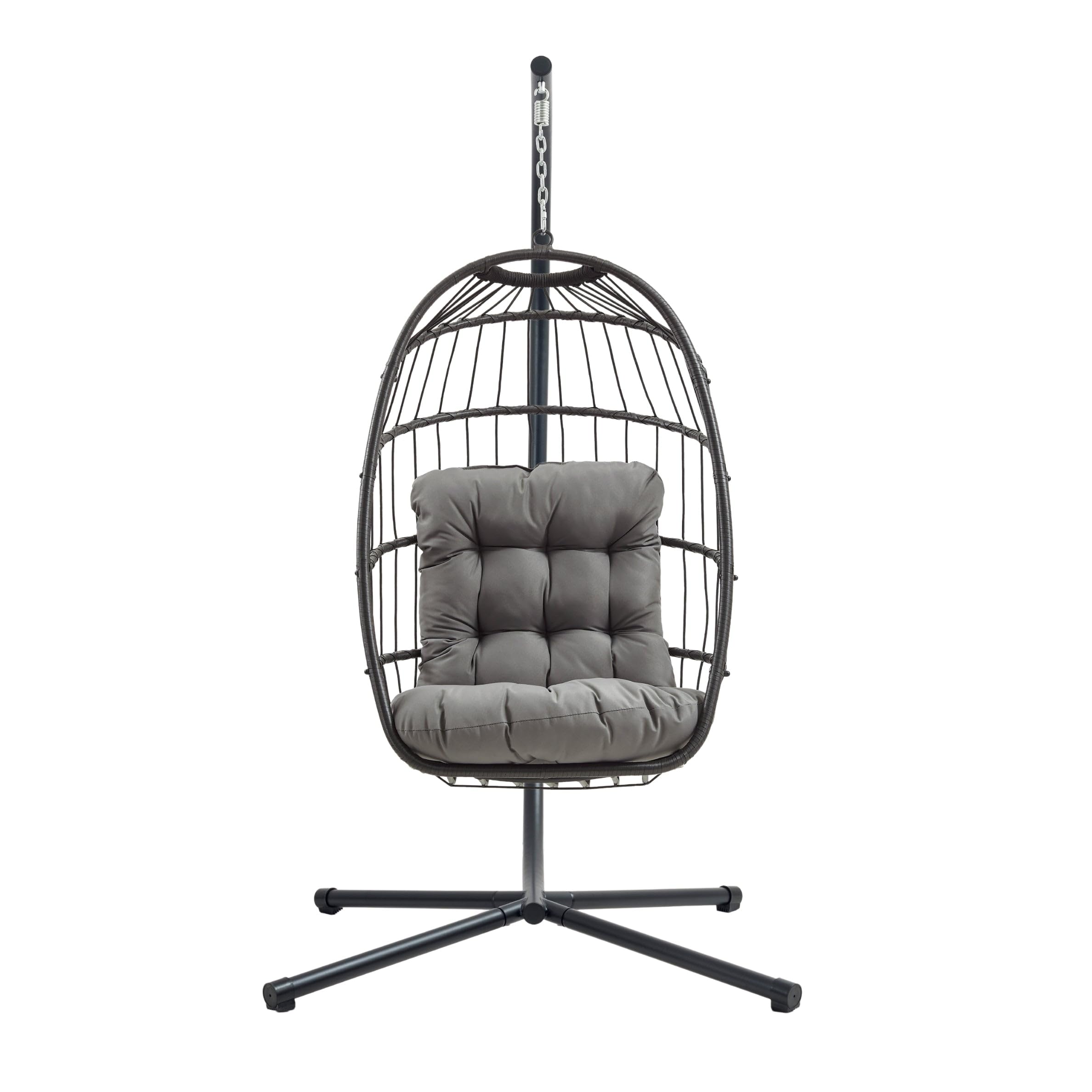 Hanging Egg Chair Black Rattan Swing Garden Hammock Folding Seat Furniture With 15cm Thick Cushion Steel Stand 150kg Weight Capacity Outdoor Indoor Patio Balcony UV Resistant FREE Waterproof Zip Cover