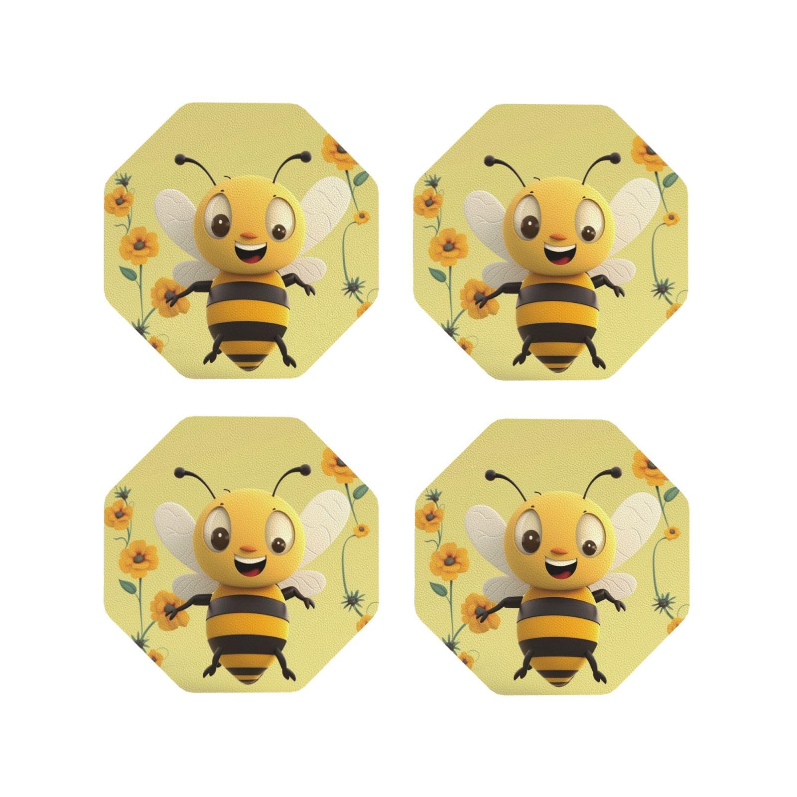 4pcs Drink Coasters for Tabletop Protection, 4" Leather Coasters for Drinks, Happy Bee Cup Coasters for Coffee Table Decor, Non-Slip Drinking Cup Mat for Hot Or Cold Drink