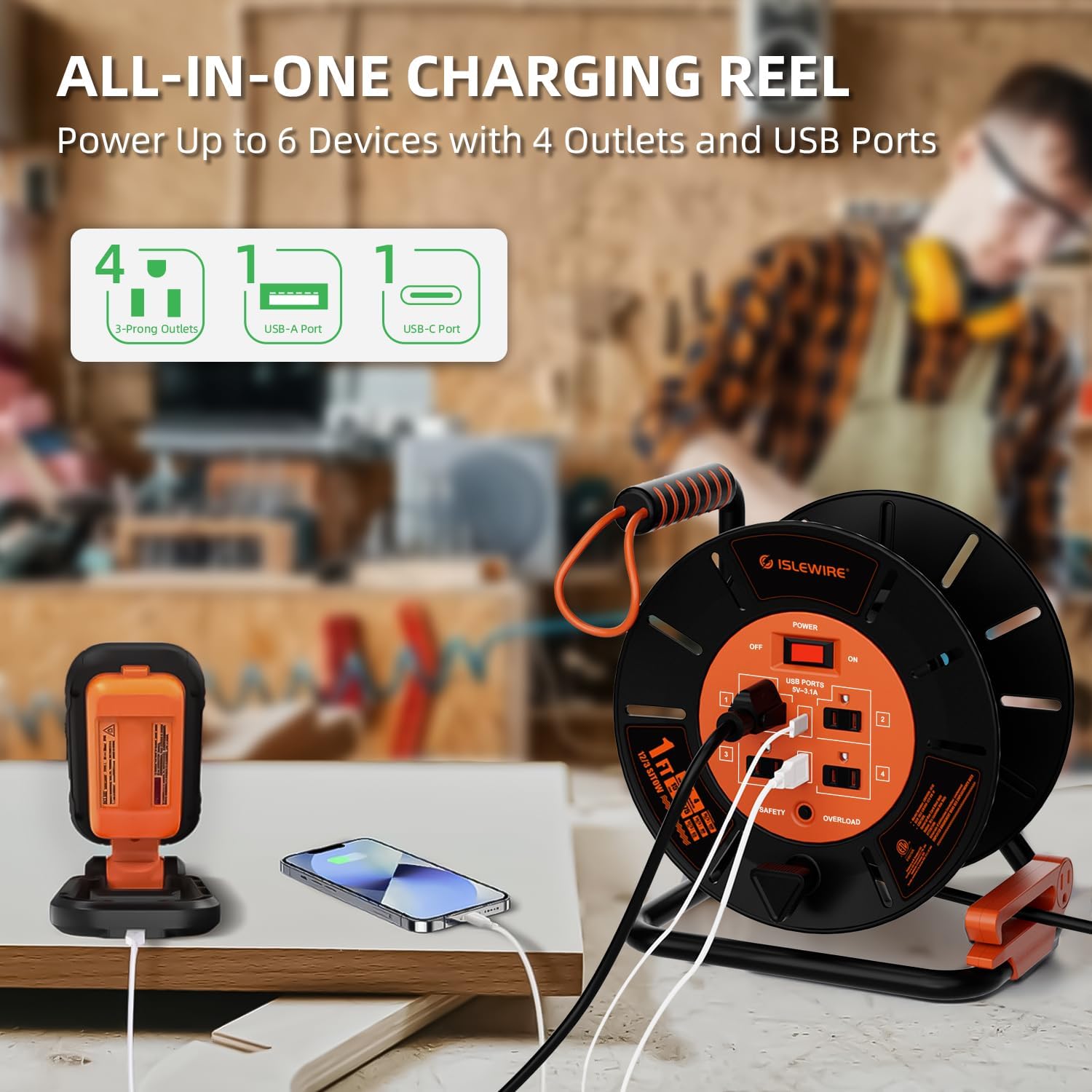 Extension Cord Storage Reel with 4-Grounded Outlets & 2 USB Ports, Heavy Duty Open Cord Reel for 12/3,14/3,16/3 Gauge Power Cord, Hand Wind Retractable, 15A Circuit Breaker, ETL Listed, Orange