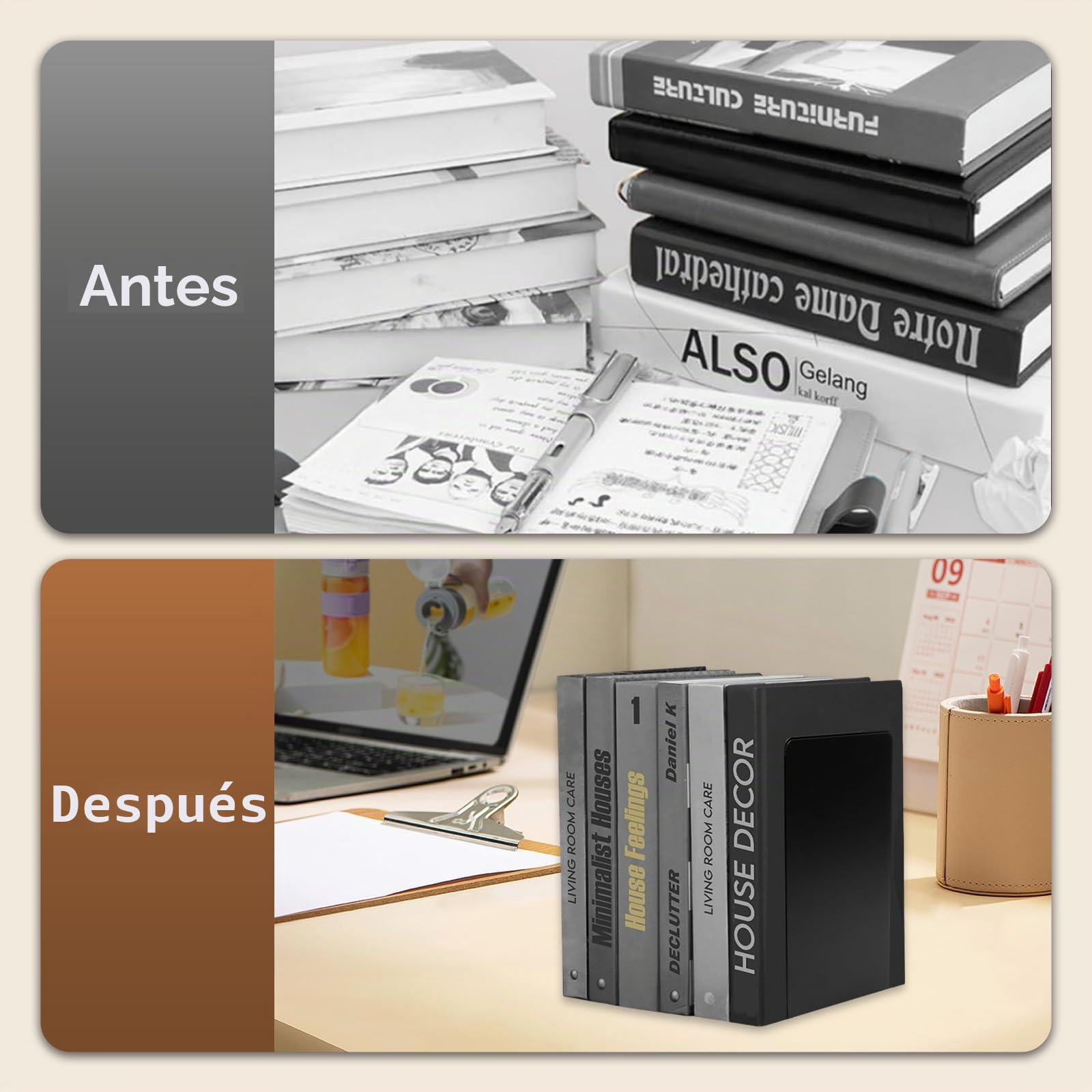 6 Piezas Sujetalibros de Metal, Sujeta Libros Metal Negro, con Alfombrilla Antideslizante, para Casa Oficina Biblioteca Escuela,19.5x13.5x10cm