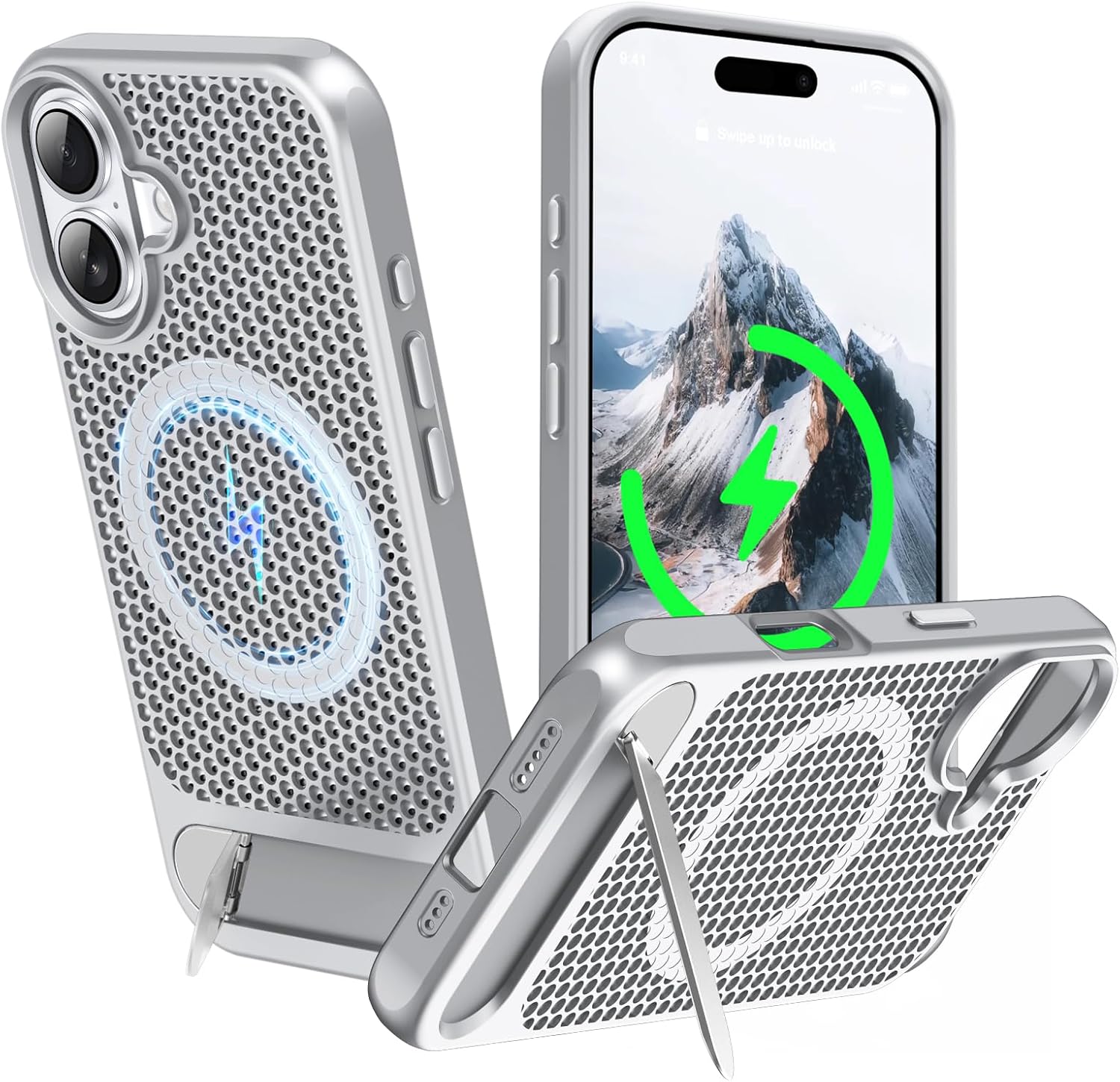 for magnetic heat dissipatio case for iphone 16 plus, for magsafe, cooling drop protection, adjustable kickstand case, ice armour cool matte material - silver