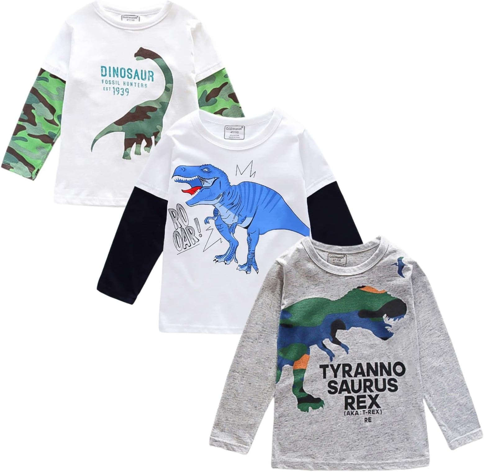HZXVicBoys Long Sleeve Shirts Toddler T-Shirts Cotton Kids Crewneck Tops Graphic Tee 3-Pack
