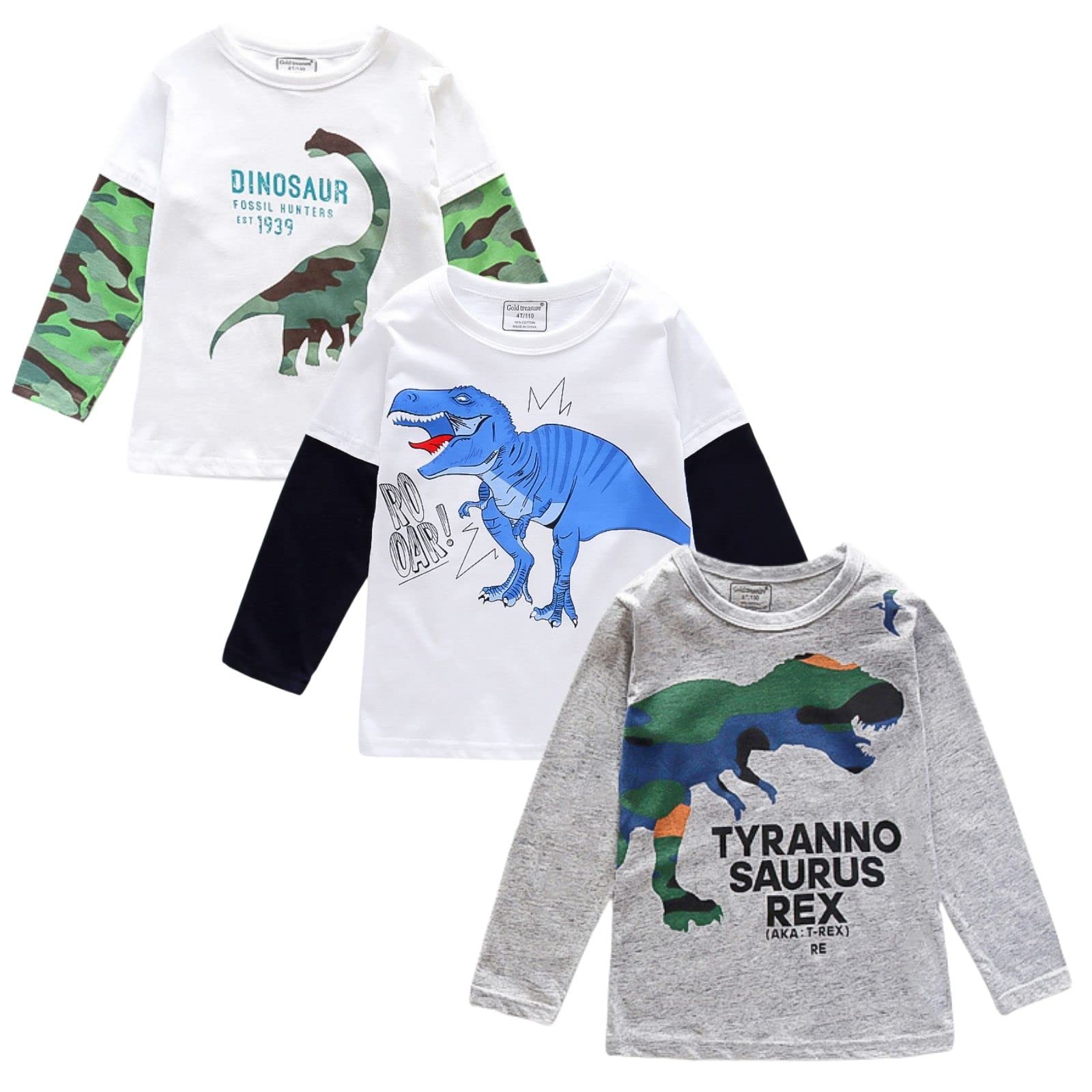 HZXVicBoys Long Sleeve Shirts Toddler T-Shirts Cotton Kids Crewneck Tops Graphic Tee 3-Pack