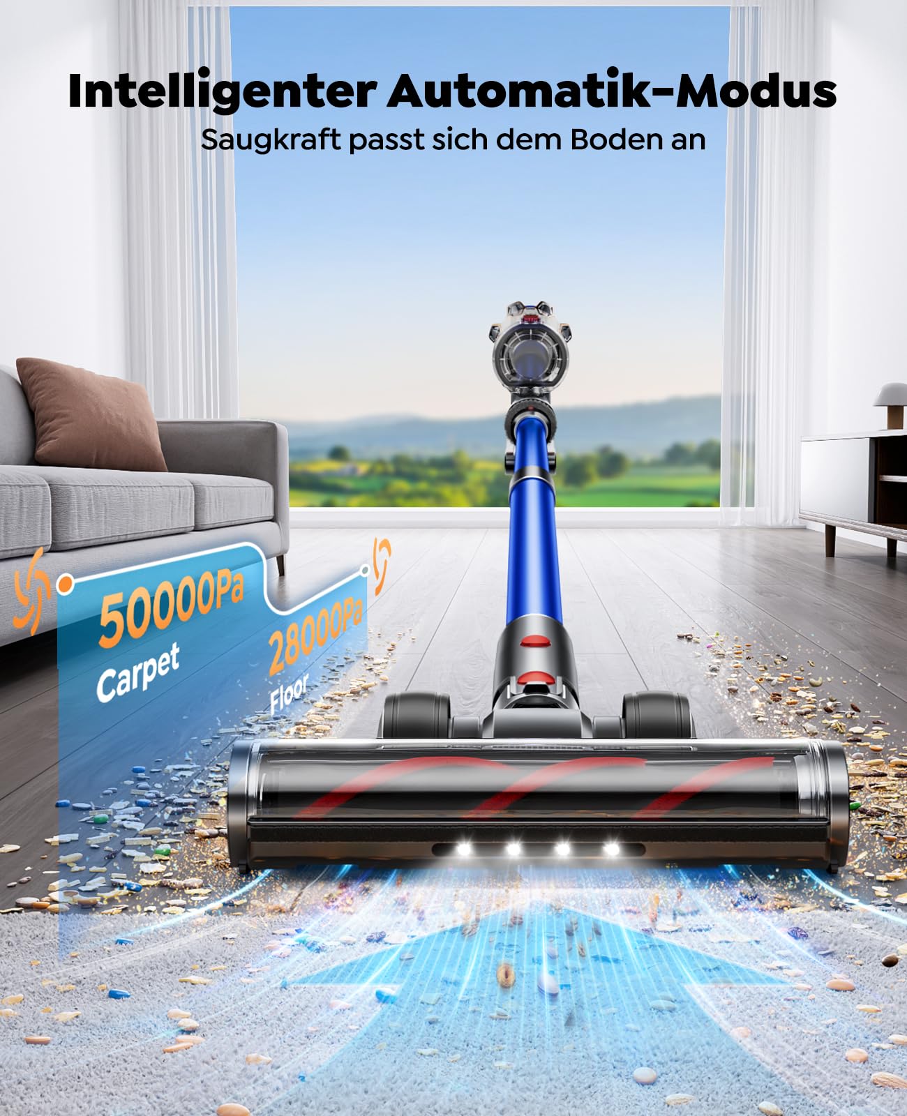 Fieety Kabelloser Akku-Staubsauger mit 2 Akkus, 130 Min Laufzeit, 50Kpa/600W Starke Saugkraft, Automatikmodus, Wandmontierte Ladestation, 1.5M Schlauch für Hartböden Teppiche Tierhaare Auto