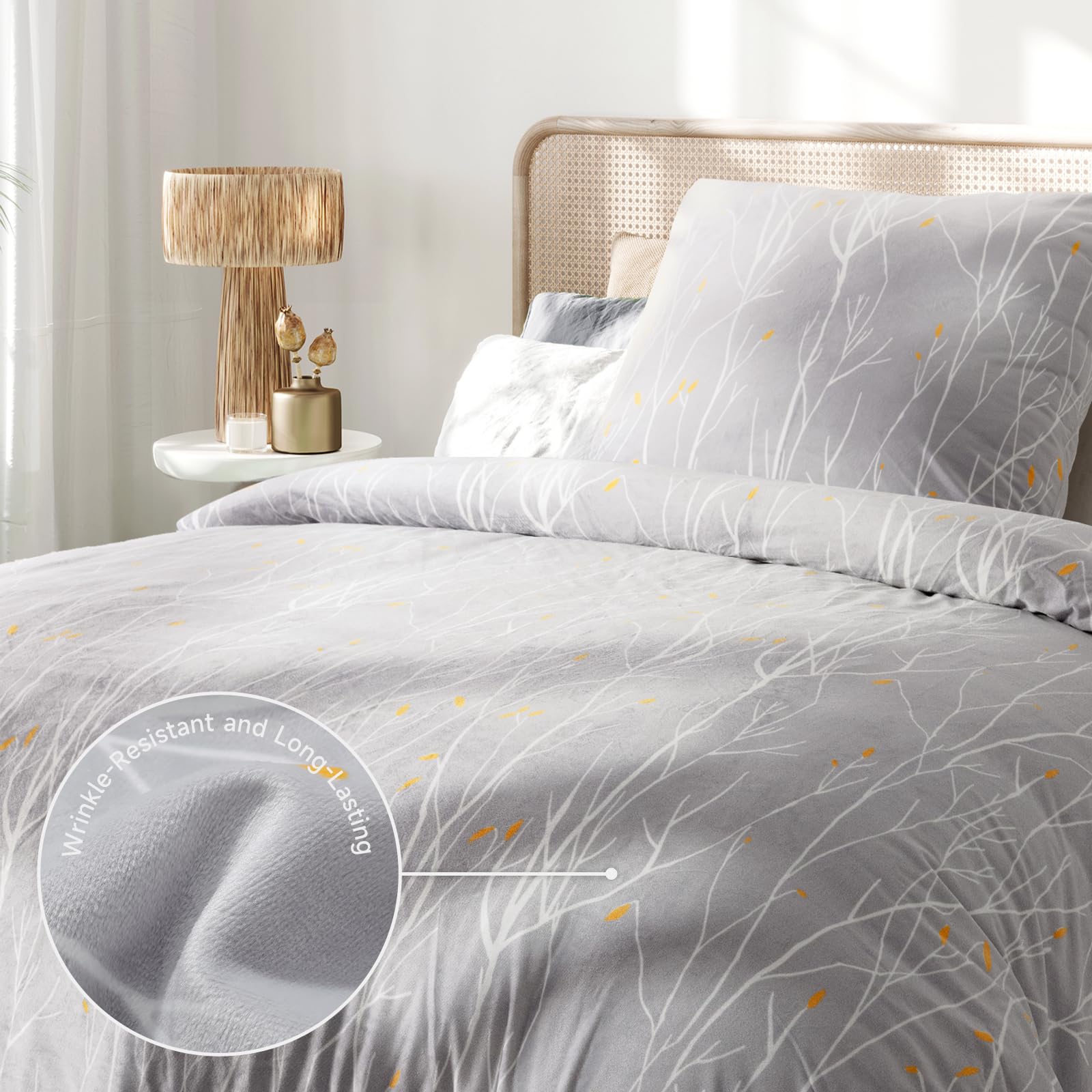 PanxHome Set Copripiumino in Velluto Cristallo 135x200 cm, Design Rami Grigi, Caldo e Morbido, Senza Pieghe, Lavabile in Lavatrice, Set Invernale per Letti Singoli e Doppi (1 Copripiumino, 1 Federe)