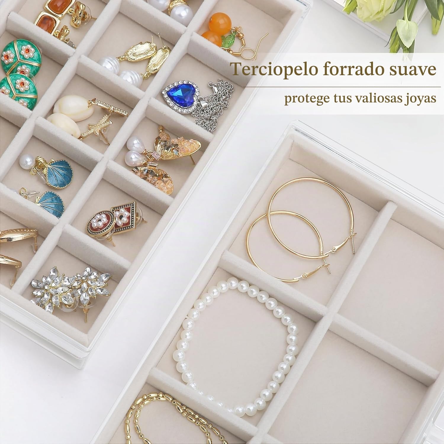 Caja organizadora de joyas de acrílico con bandejas de terciopelo, almacenamiento transparente para pendientes y anillos