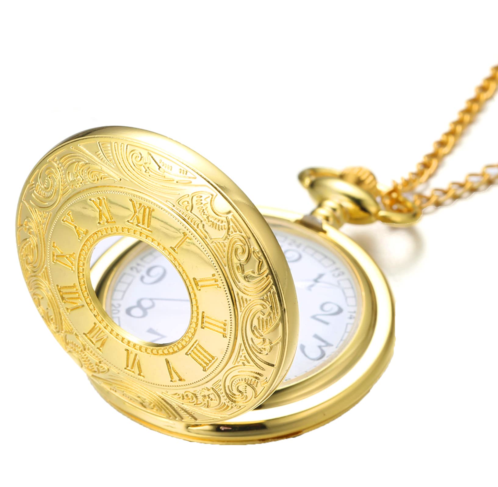 HALUKAKAHMen's Pocket Watch with Chain Quartz Vintage Ukiyoe Wave Pattern Roman Numerals Scale,with 2 Chains Set Pocket Chain+Necklace,Free Giftbox