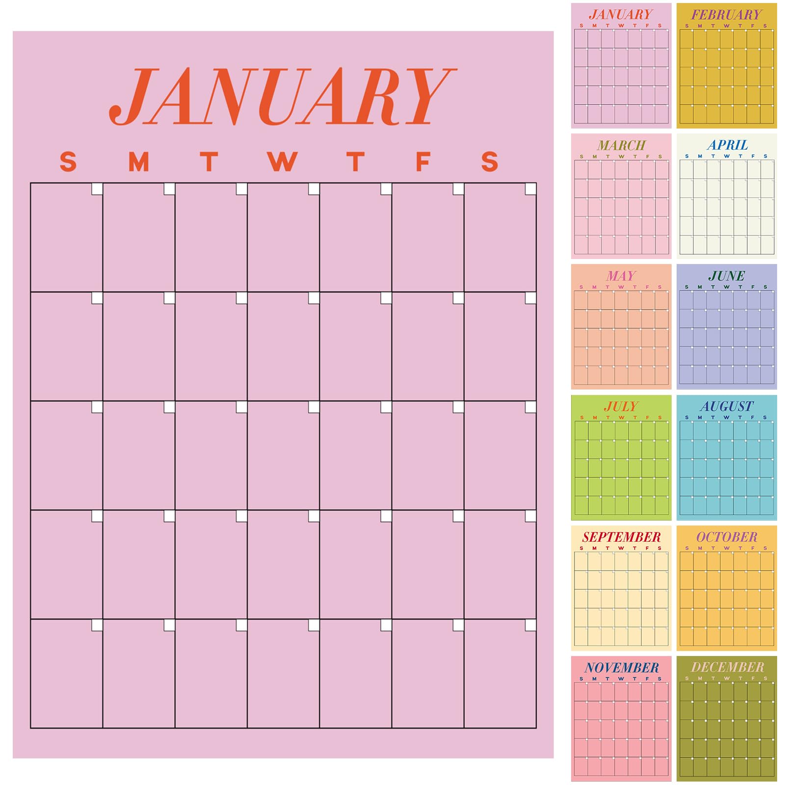 Photo 1 of 12 Pcs Undated Calendars 16‘'x20‘' Large Erasable Wall Calendar 12 Month Classroom Dry Ease Reusable Planning Colorful Yearly Blank Planner Reserved Grid for Office Home Educational Study Room Class