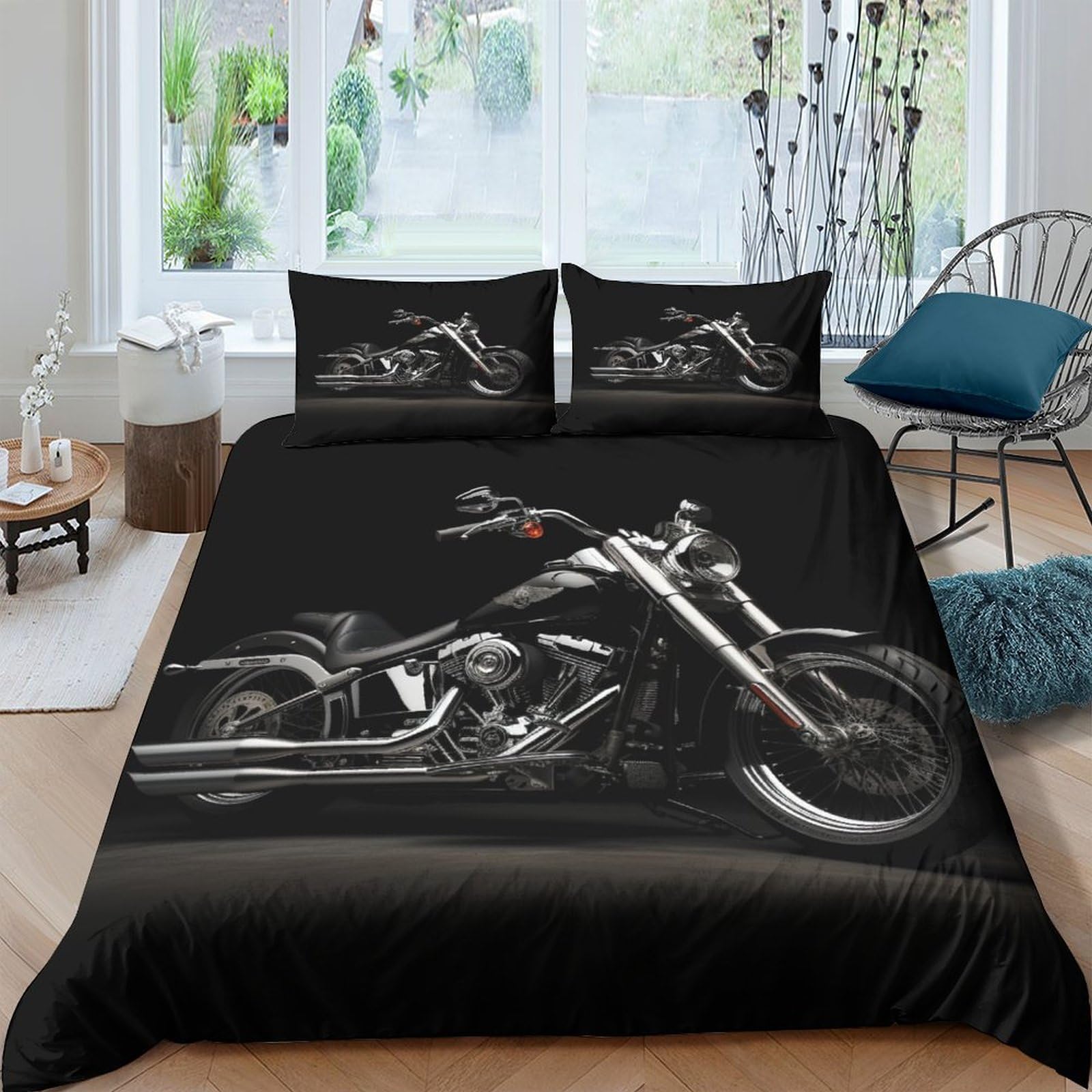 Harley Rider Duvet Cover Set 3D Digitally Printed Bedding Set 3 Pieces Soft Microfibre Vintage Motorbikes Quilt Cover with Pillowcase Hidden Zipper Comforter Cover，for Boys Girls King（220x240cm）