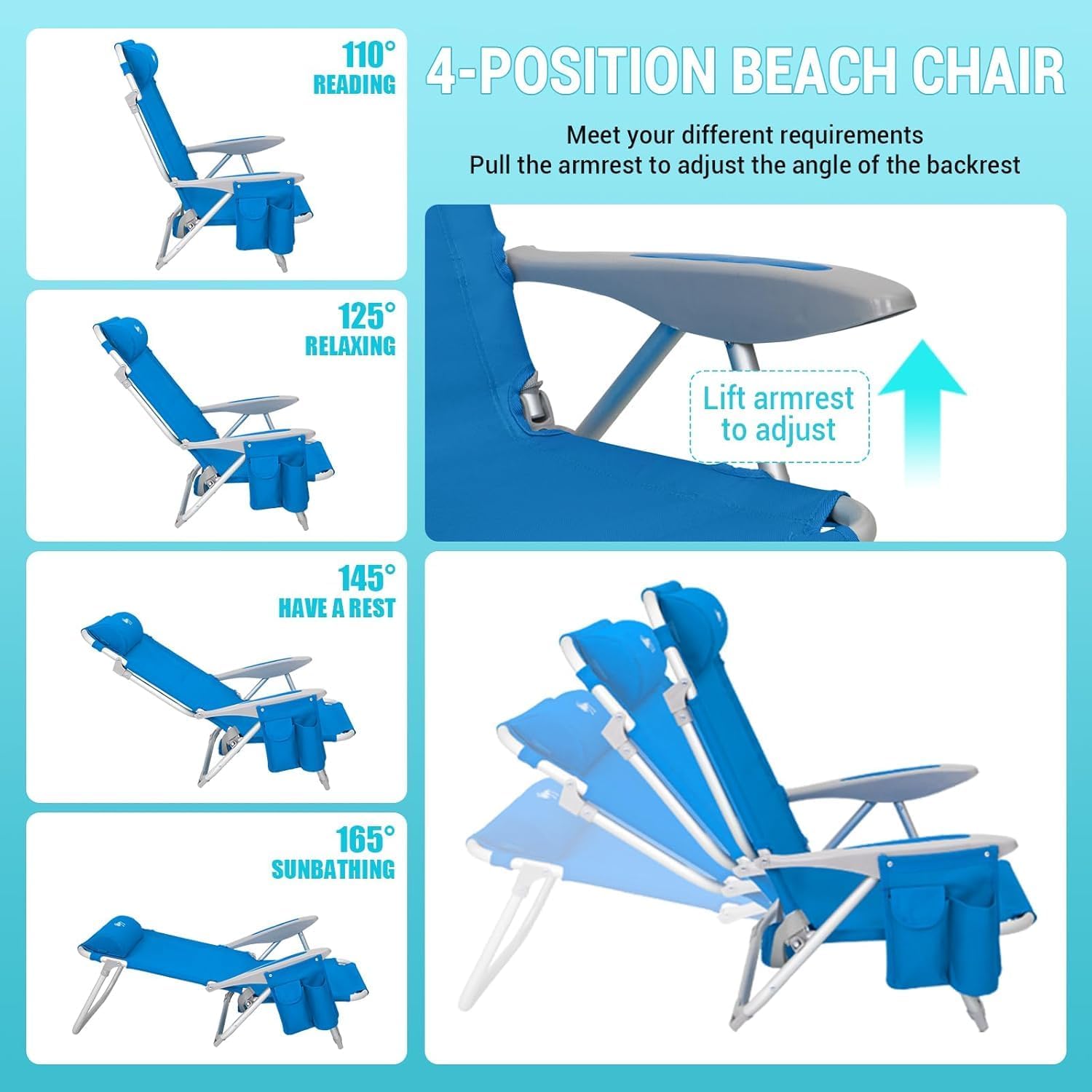#WEJOY Sedia da Spiaggia Campeggio Pieghevole, Spiaggina Portatile con Tracolla, 4 Livelli Schienale Reclinabile Regolabile Sdraio con Basso Seduta, in Alluminio per Spiaggia Mare Campeggio