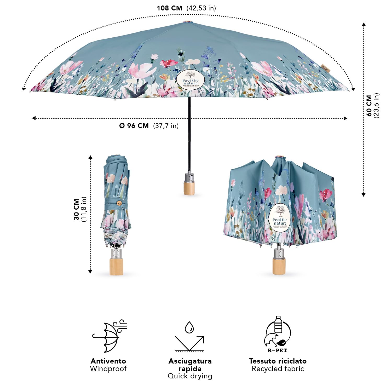 PERLETTI GREEN Parasol Kobiet Automatyczny Przyjazny Środowisku - Parasolka Organiczna Ekologiczna Uchwyt z Drewna - Kompaktowe Małe Parasole Wiatroodporne - Średnica 96 cm