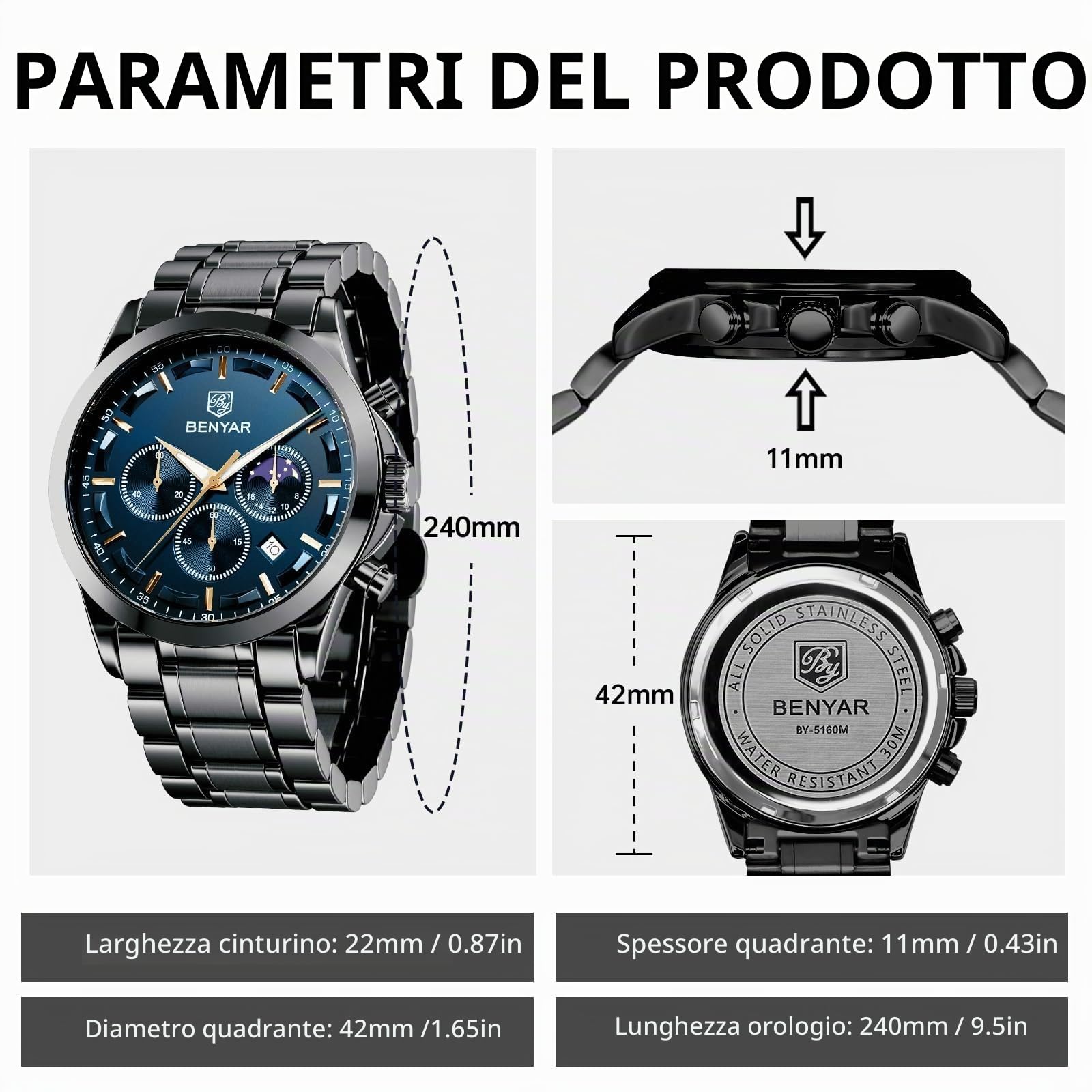 BENYAR BY Orologi da uomo multifunzione cronografo orologio al quarzo per uomo nero acciaio inossidabile/cinturino in pelle analogico orologio da polso regalo casual business