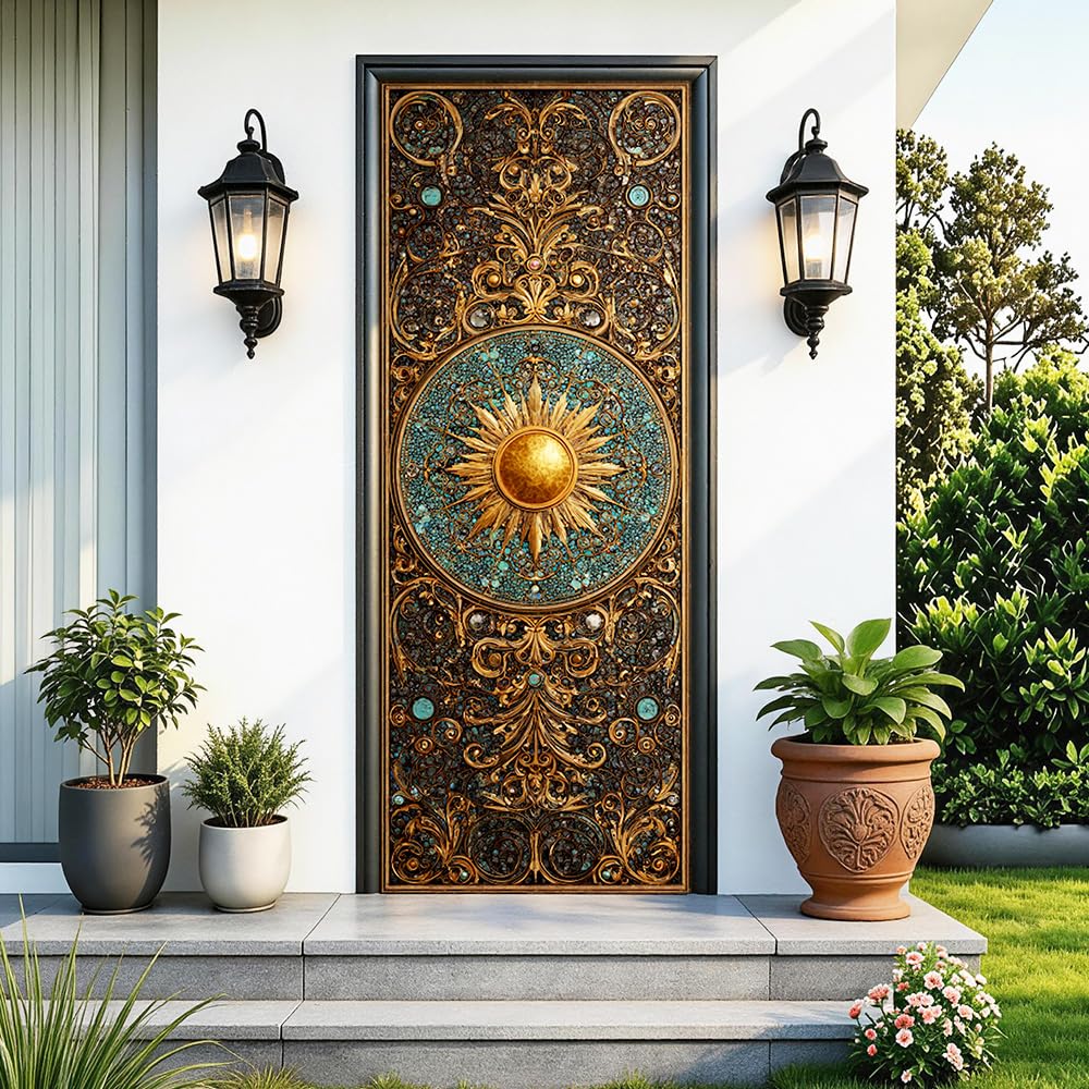Cmialusie Vintage Sun Door Mural, Luxury Gold Ornate Door Decor