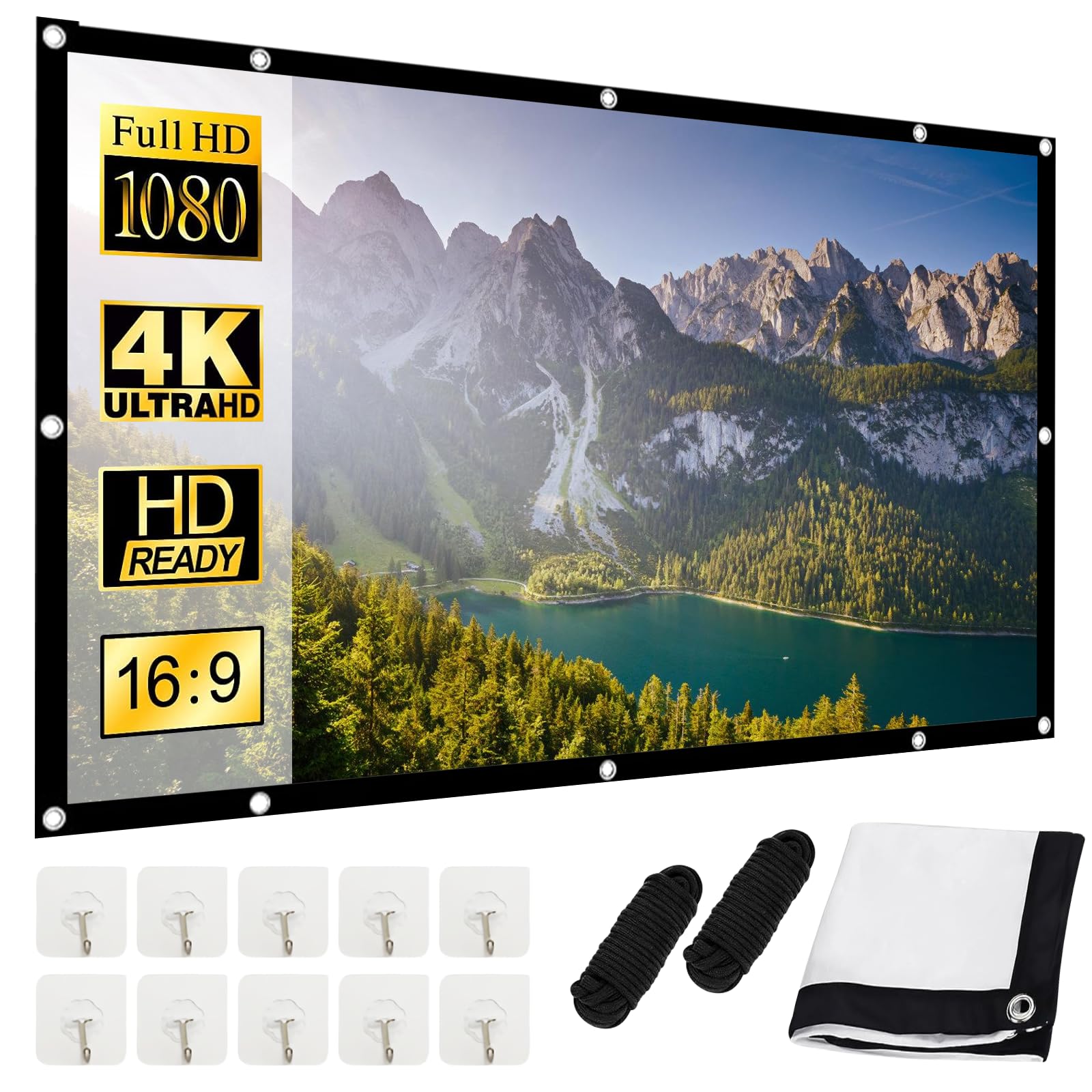 Pantalla de proyección plegable de 100 pulgadas: 16:9 HD/4K proyector, lienzo optimizado para interiores y exteriores, portátil lavable con cuerdas de gancho para cine en casa, camping y