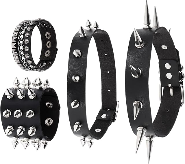 Coolty 4PCS Unisex PU Leather Spike Rivets Studded Choker Collar Necklace Vintage Gothic Punk Rock Rivets Hand Wrist Bracelet Cuff for Men Women Halloween Christmas Cosplay Party Prom