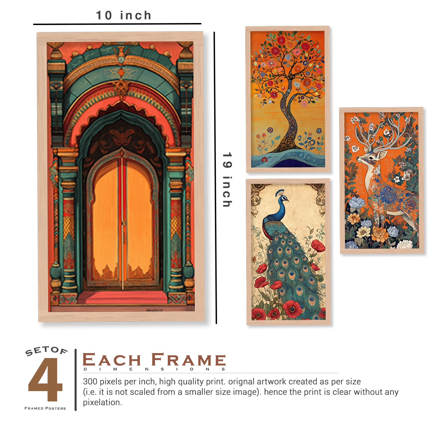 BANGERZ Painting For Wall Decoration - Madhubani Wall Painting for Living Room Bedroom Office Wall Decor (10inch x 19inch)(Pack of 4) (Artwork 6, Brown Frame, Framed) 4