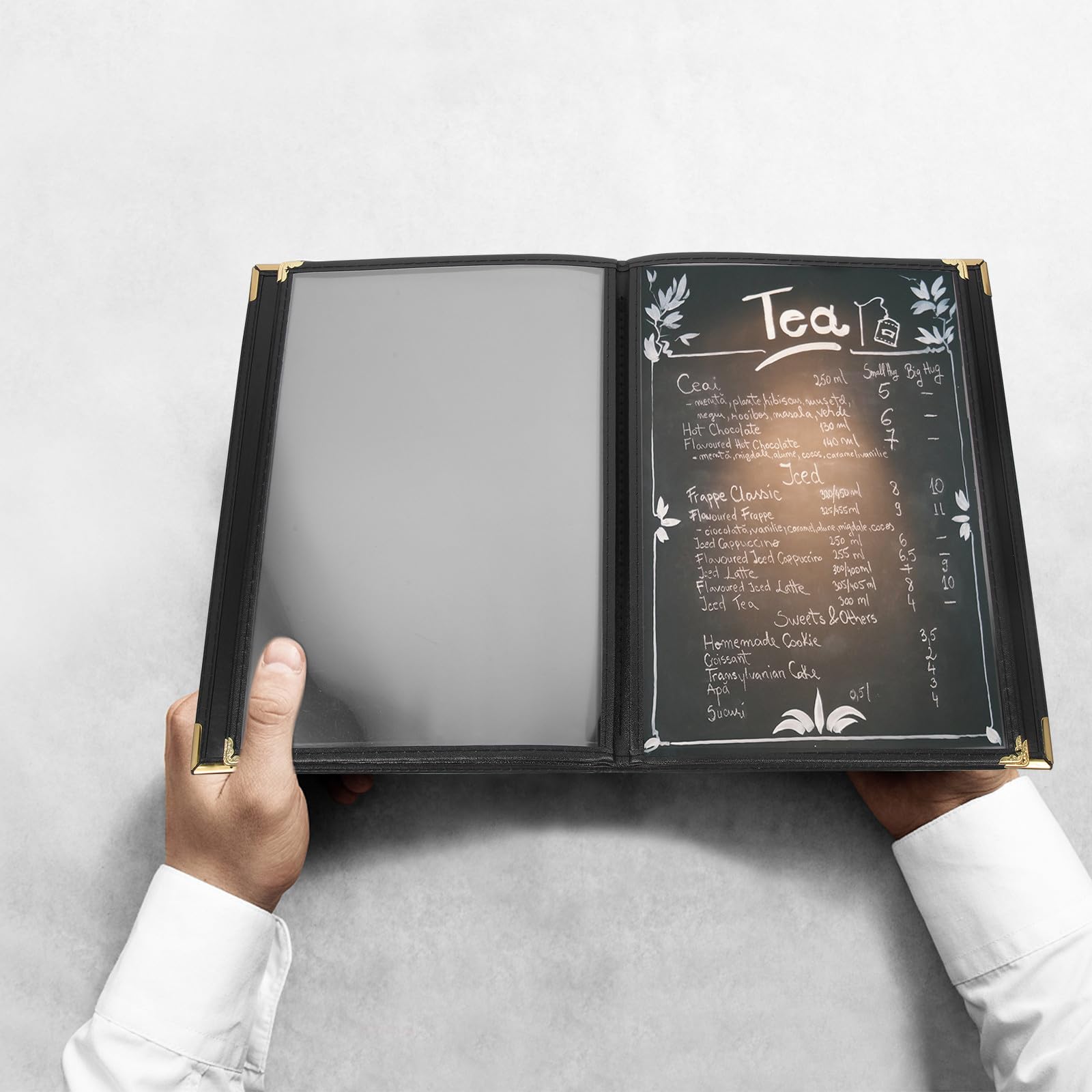 Carpeta Protector Transparente en Pvc Negro para Menú de Restaurante 4 Páginas y 8 Vistas para Lista de Precios en Papel, Adecuado para y Locales
