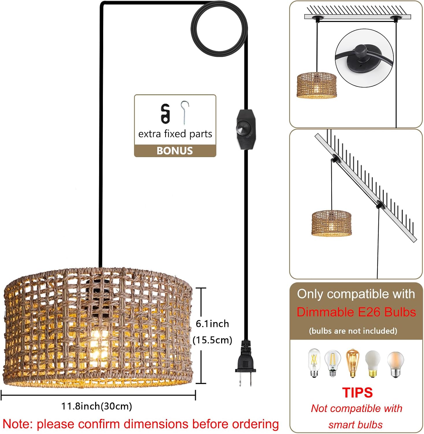 Plug in Pendant Light with Hand Woven Rattan Lampshade, Dimmable Hanging Lamp with 15 FT Cord, 11.8" Boho Pendant Light Fixture for Bedroom Reading Nook, Living Room and Kitchen Island
