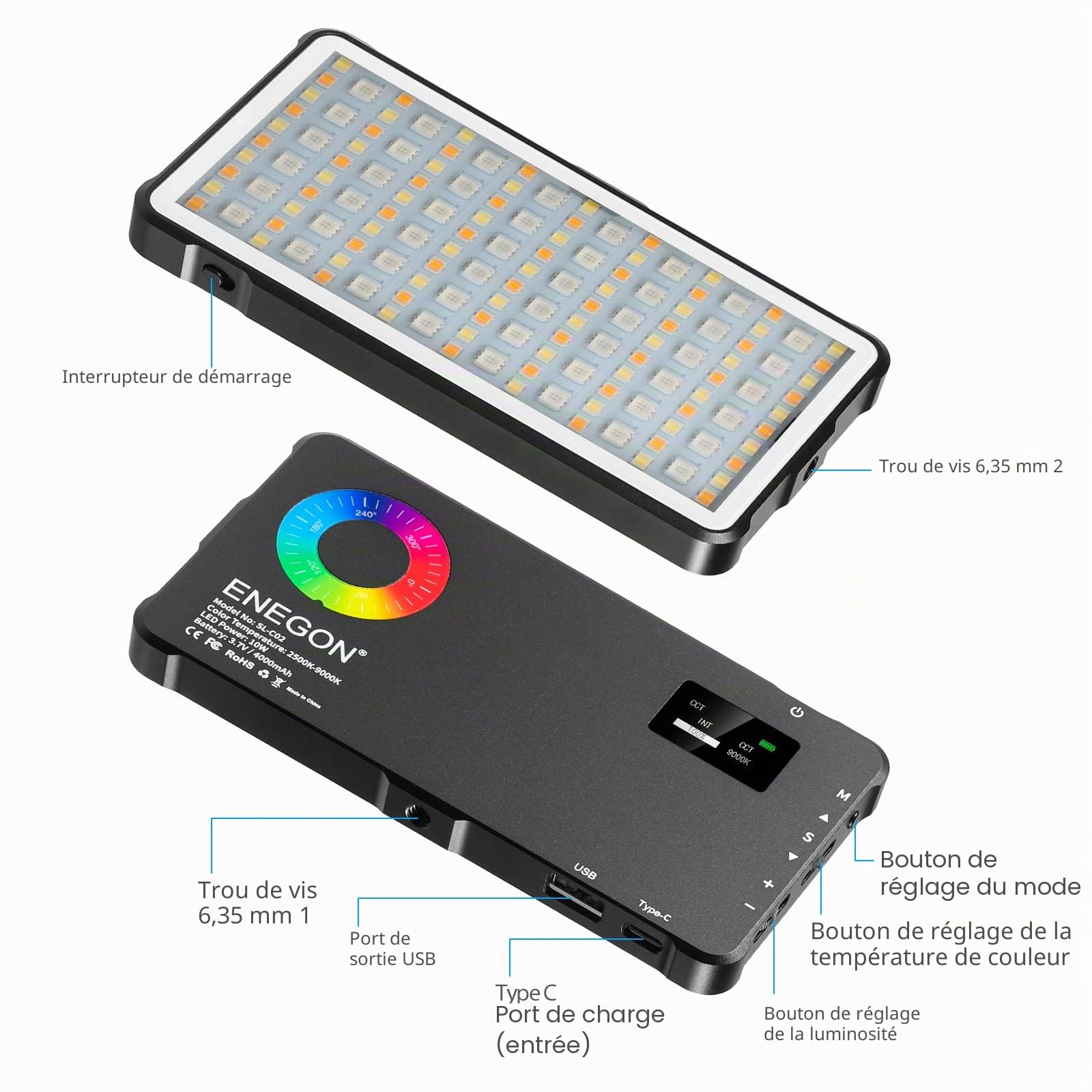 ENEGON RGB Video Light, 4000mAh Rechargeable Battery Built-in LED Camera Light Full Color 24 Common Lighting Effects, CRI≥95 2500-9000K LED Video Light Panel with Function Power Bank.