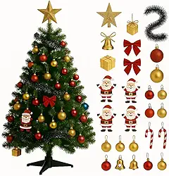 Árvore de Natal Completa, 90cm, Verde, 43 Enfeites Decorativos, Bolas Douradas e Vermelhas, Sinos, Papai Noel, Estrela