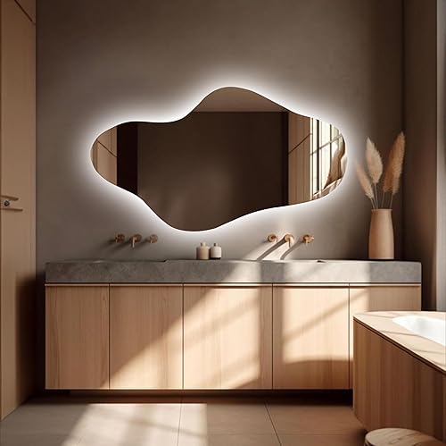 Miniatura 10 de KT WALL ART Espejo de pared con iluminación LED asimétrica para baño, espejo de tocador irregular con luces, espejo de pared iluminado LED