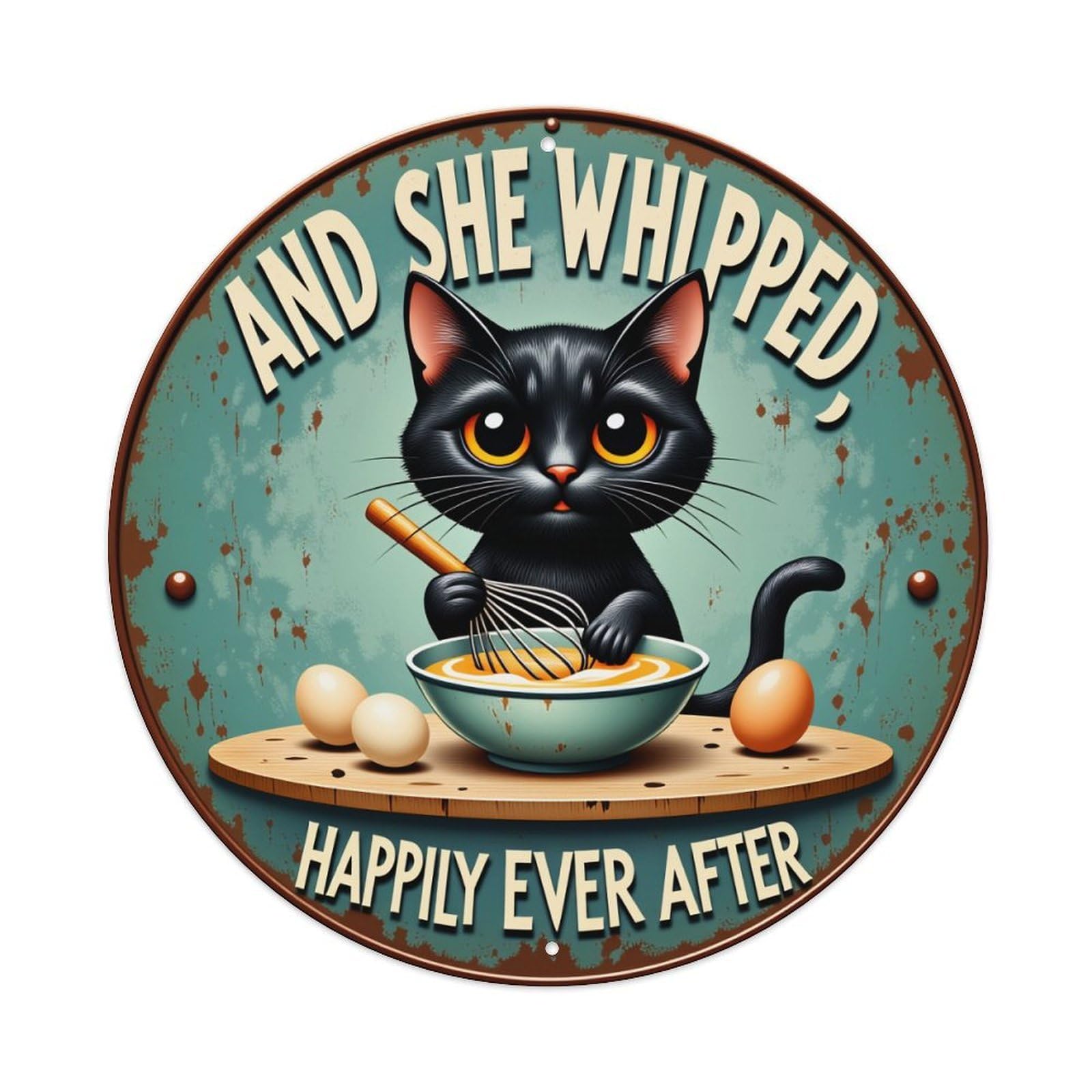 Black Cat Whipping Eggs Bowl Round Tin Sign Vintage Style Metal Sign Home Bar Garden Wall Plaque Decor Metal Poster 8x8 Inch
