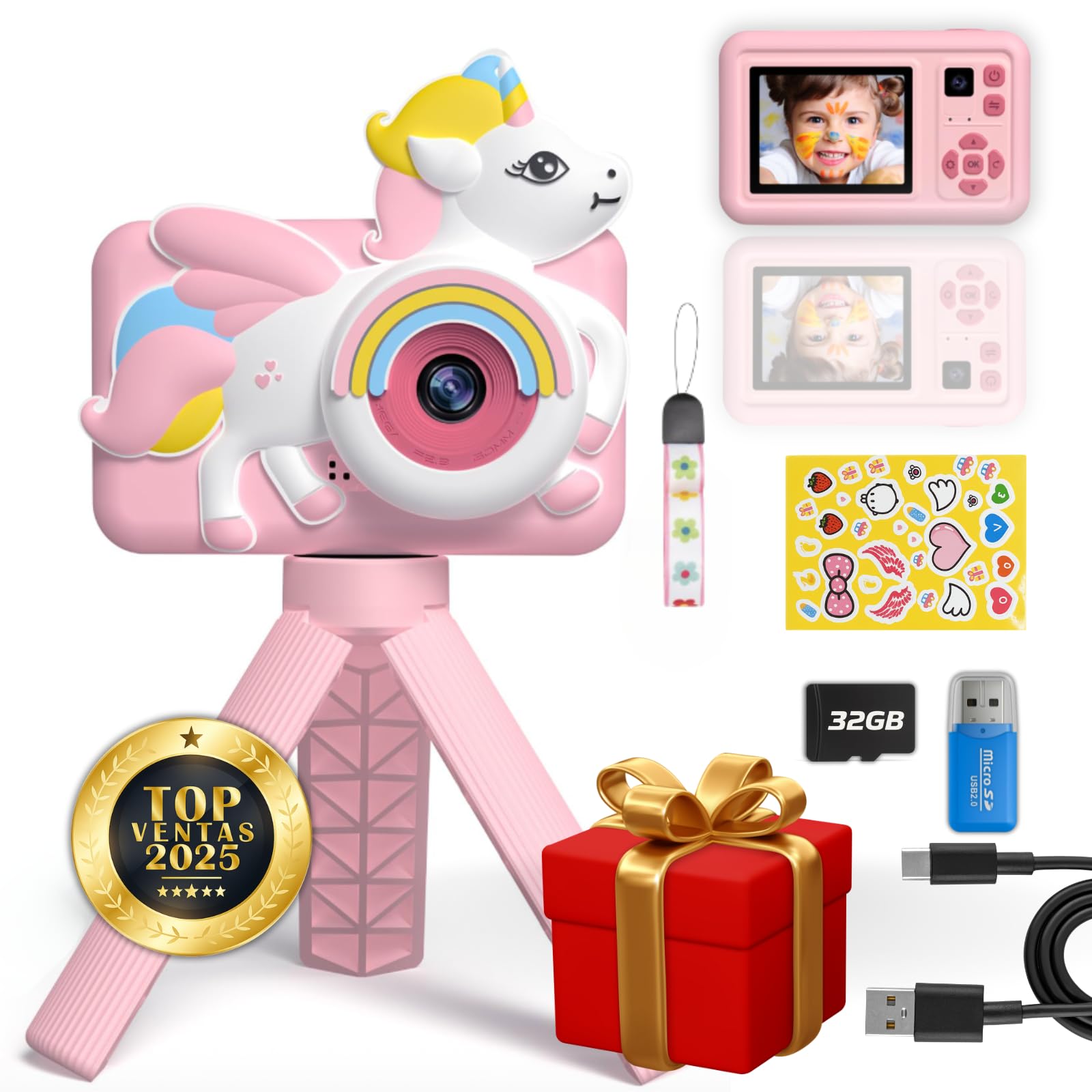 Cámara Fotos Infantil Unicornio Rosa para Niña 3 4 5 6 7 8 9 10 Años, 2" 1080P con 32GB y Trípode, Juguetes Regalo Niña Cumpleaños Navidad, Selfie MP3 Juegos Educativos