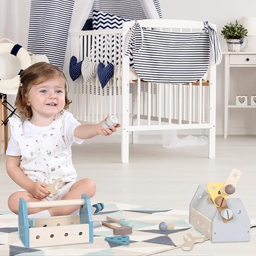 Miniatura 2 de Montessori Herramientas de madera para niños pequeños, juegos de juguetes educativos para niños, caja de juego preescolar (azul)