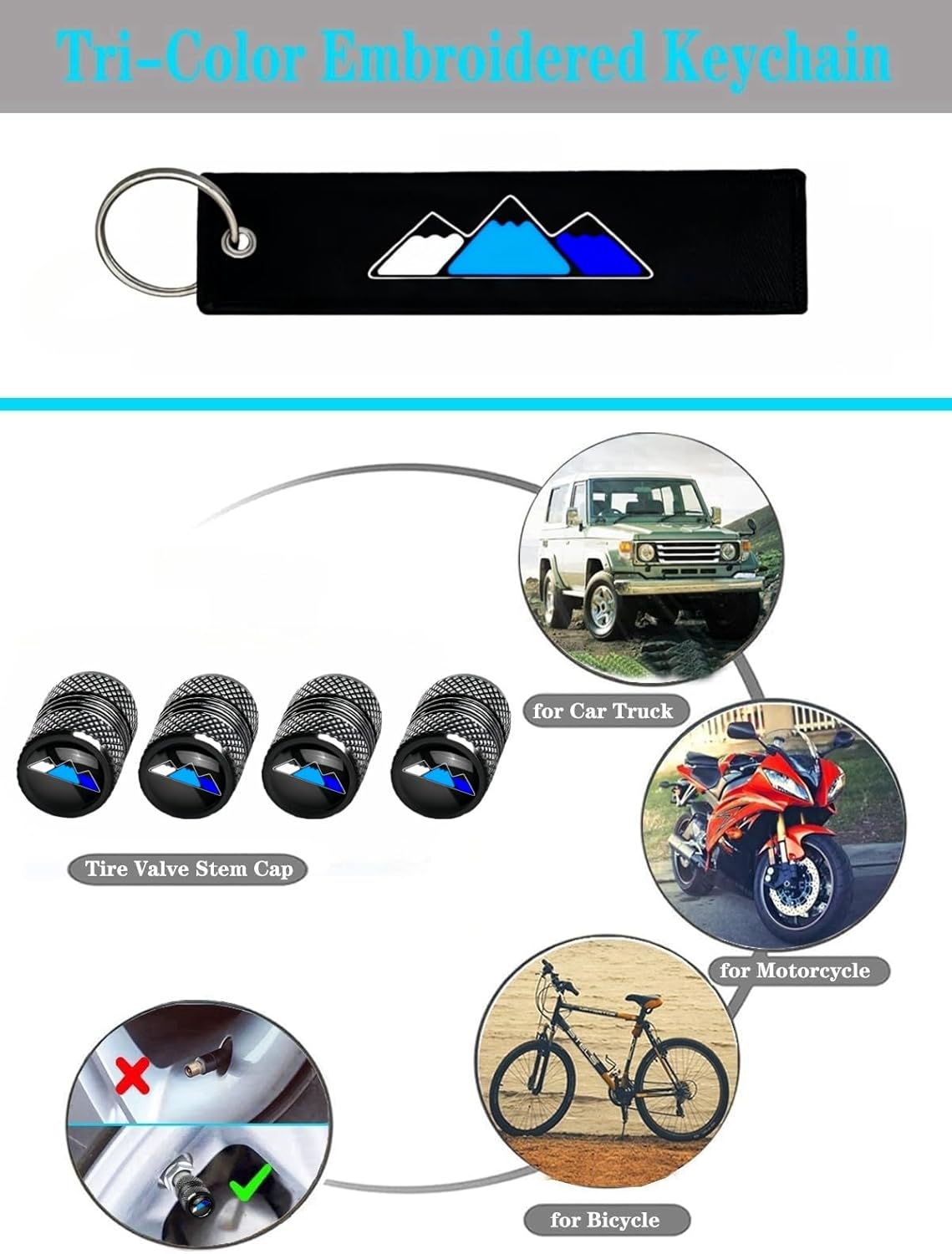 2Pcs Tri-Color Mountains License Plate Frame with Screw Cap Valve Keychain Upgrade Your Car Durable Eye-Catching Design Compatible with Tacoma 4Runner Tundra Accessories (Blue)