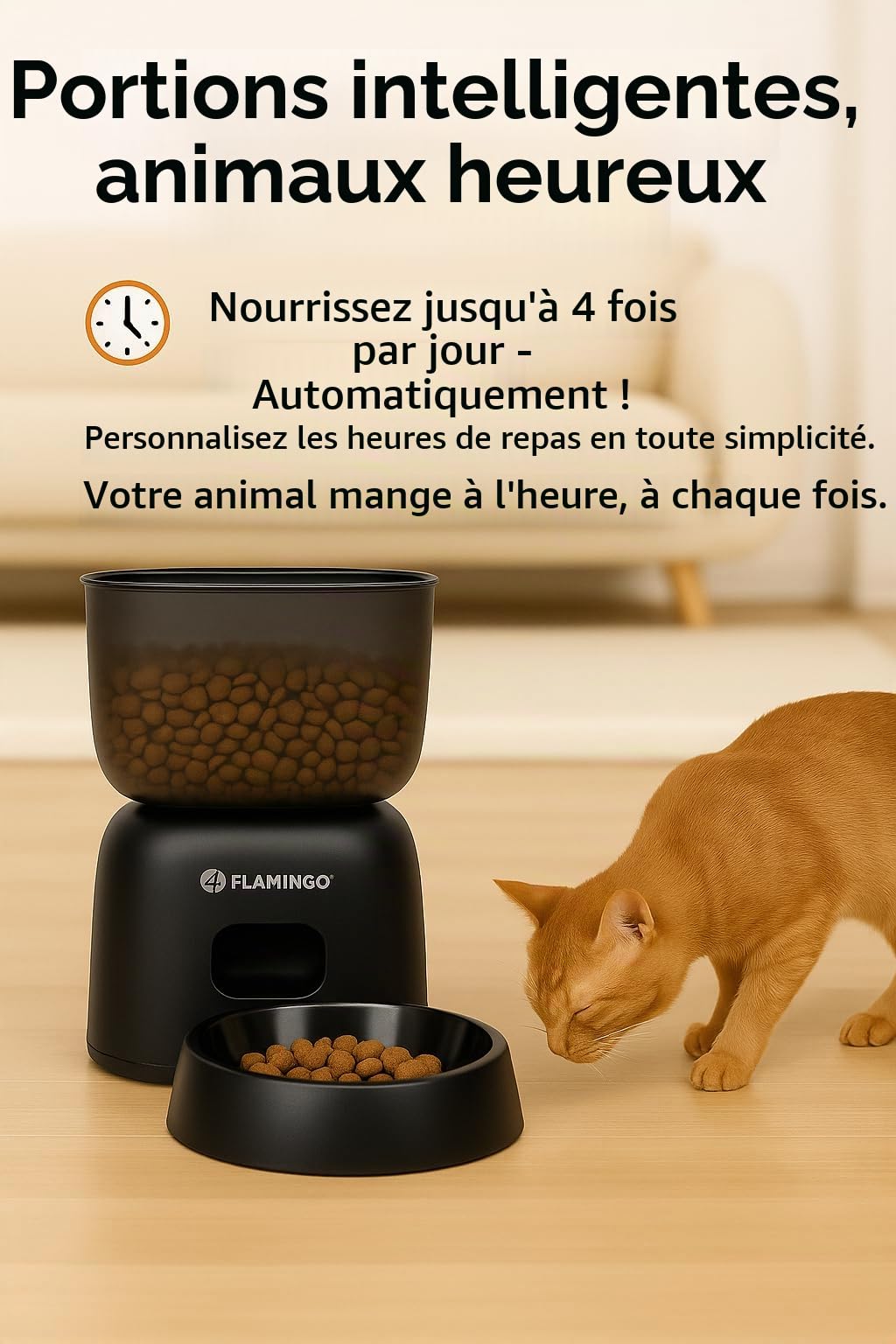 Distributeur croquettes Chat Automatique - Distributeur croquettes Chien - 3L programmable avec minuterie et Message Vocal - Flamingo Distributeur de Nourriture Blido Noir