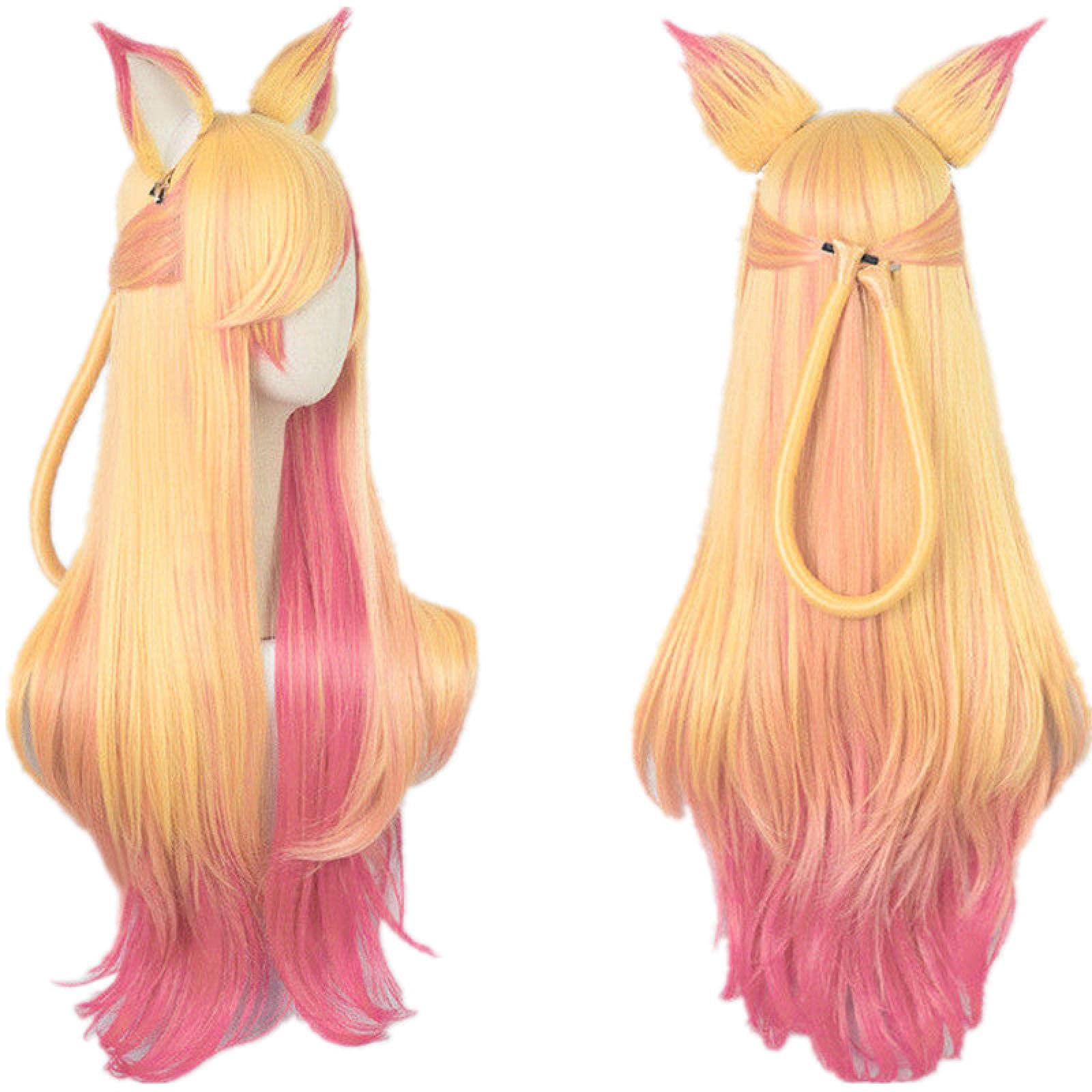 Cosplay Wig Ahri Gumiho Star Guardian Golden Pink Mixed Color Ombre Wavy Wave Long Heat Resistant Hair Cosplay Costume Wigs + Wig Cap for Coser