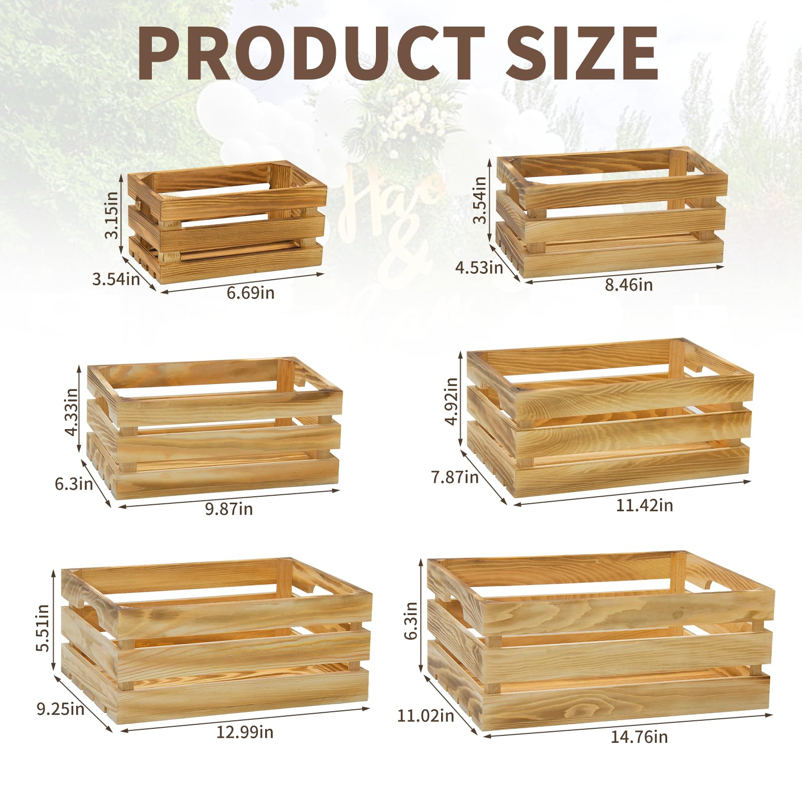 Cajas decorativas de madera para almacenamiento, 6 unidades, cestas de madera para almacenamiento y exhibición, juego de cajas decorativas rústicas con asa