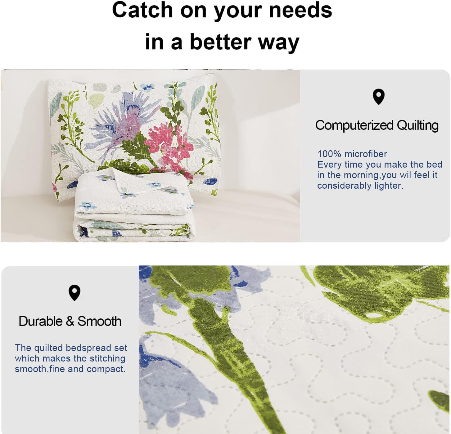 Ycosy Floral Quilt Set Full/Queen Size Reversible Flower Bedspread Queen Summer Lightweight Quilt Bedding Purple Floral Quilts Green Leaves Coverlet Home Quilts Collections with 2 Pillow Shams