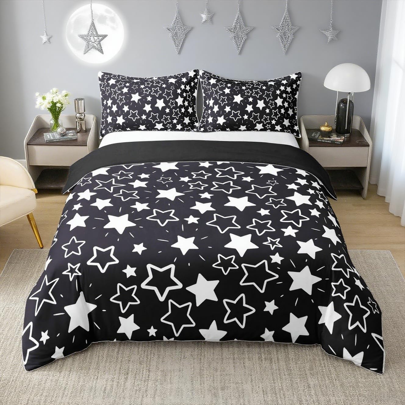 Cartoon Stars Duvet Cover Set 100% Organic Cotton,Geometric Star Themed Comforter Cover Set for Kids Adults Bedroom,Outer Space View Print Bedding Set Queen Size 3 Pcs(Not Comforter),Ultra Soft